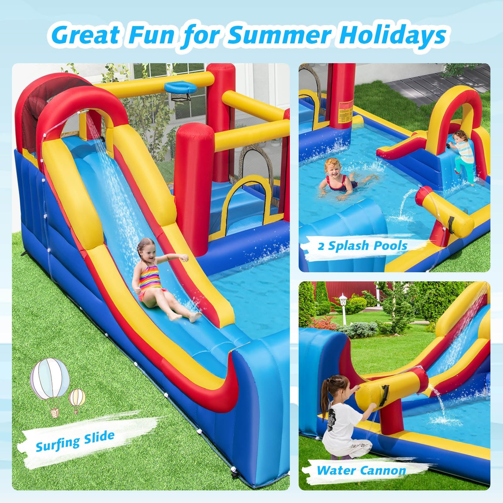 BOUNTECH Inflatable Water Slide Park - 7-in-1 Giant Bounce House with Dual Racing Slides, Splash Pool & Water Sprayer | Outdoor Summer Fun for Kids & Adults | Perfect for Backyard Parties, Birthday Gifts & Family Gatherings