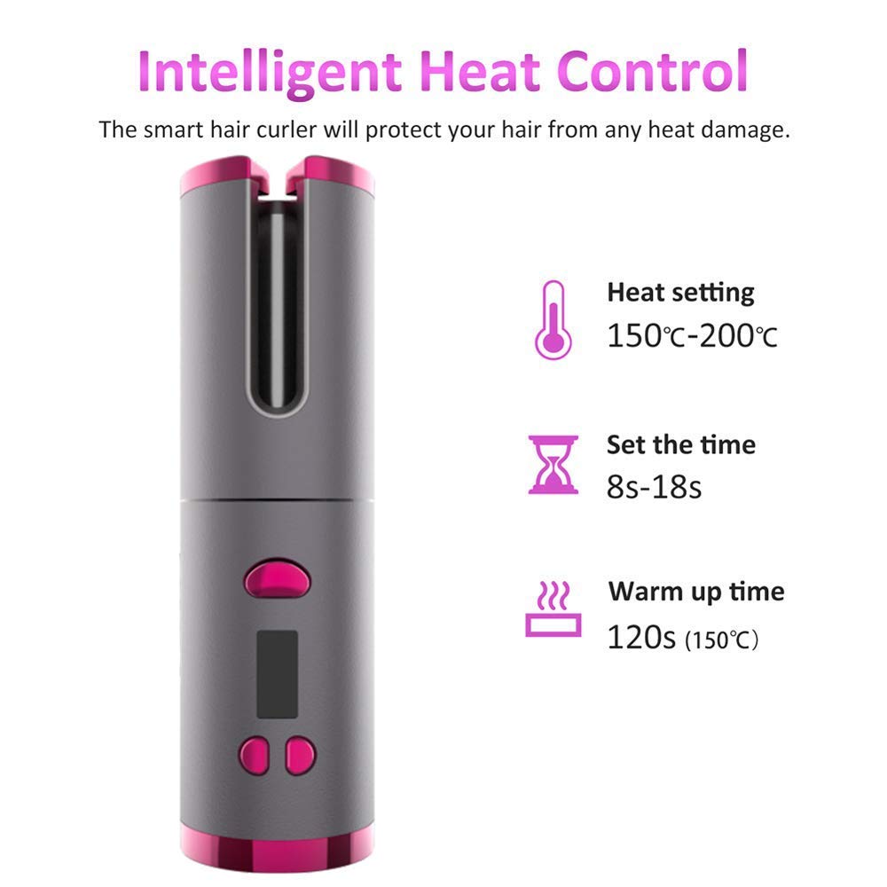 EMEBAY Wireless Automatic Curling Iron - USB Rechargeable Hair Curler with Timer & 6 Temperature Settings, Anti-Burn Rotating Curling Wand for Long & Short Hair - Perfect for Travel, Home Use & Salon Styling