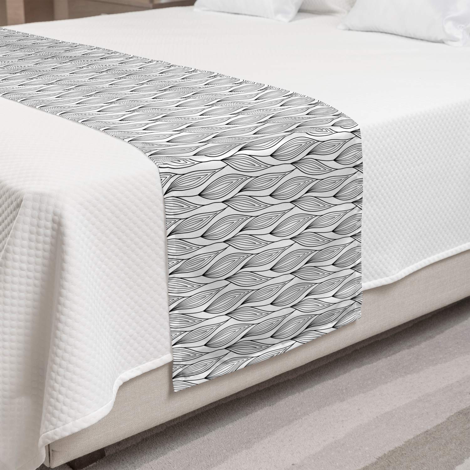 Ambesonne Leaves Bed Runner - Monochromatic Sketch Drawing of Symmetric Wavy Leafy Branches - Decorative Accent Bedding Scarf for Hotels, Homes & Guestrooms - Charcoal Grey & White - Perfect for Bedroom Decor, Wedding Gift & Home Staging