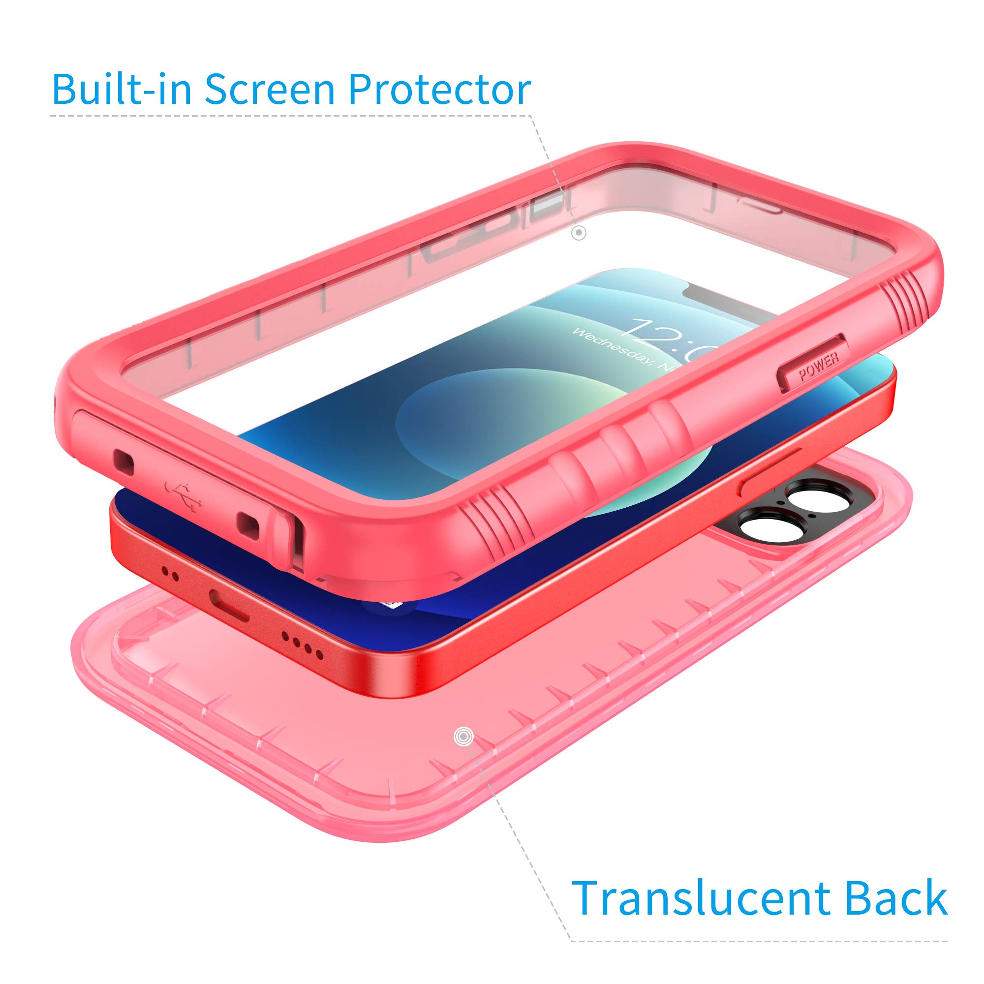 Waterproof Shockproof Rugged Case for iPhone 12 Mini 5.4 Inch - Full Body Protection with Built-in Screen Protector, Dustproof & Durable Cover (Pink) | Perfect for Outdoor Adventures, Travel & Daily Use