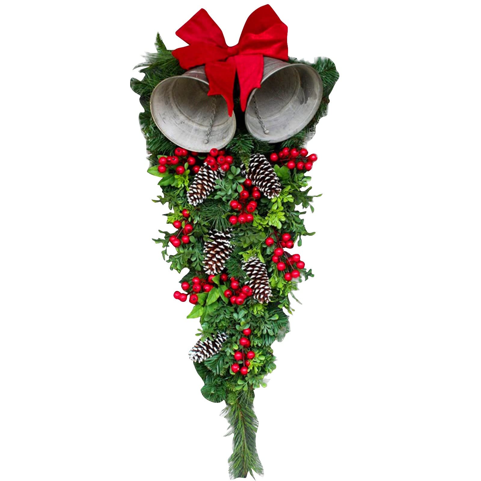 Vintage Large Christmas Bells Door Hanger - Galvanized Metal Bells with Festive Garland Decor, Holiday Door Decoration for Front Porch, Home & Office Christmas Décor