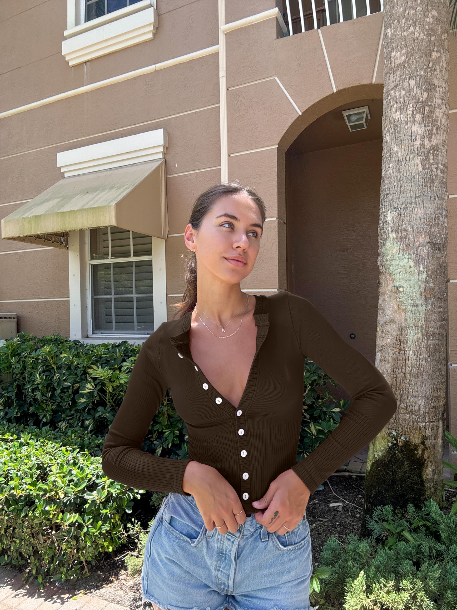 OQQ Women's Long Sleeve Knit Shirts - Stretch Crew Neck Button Down Casual Tops for Everyday Wear | Perfect for Office, Date Night & Fall Layering