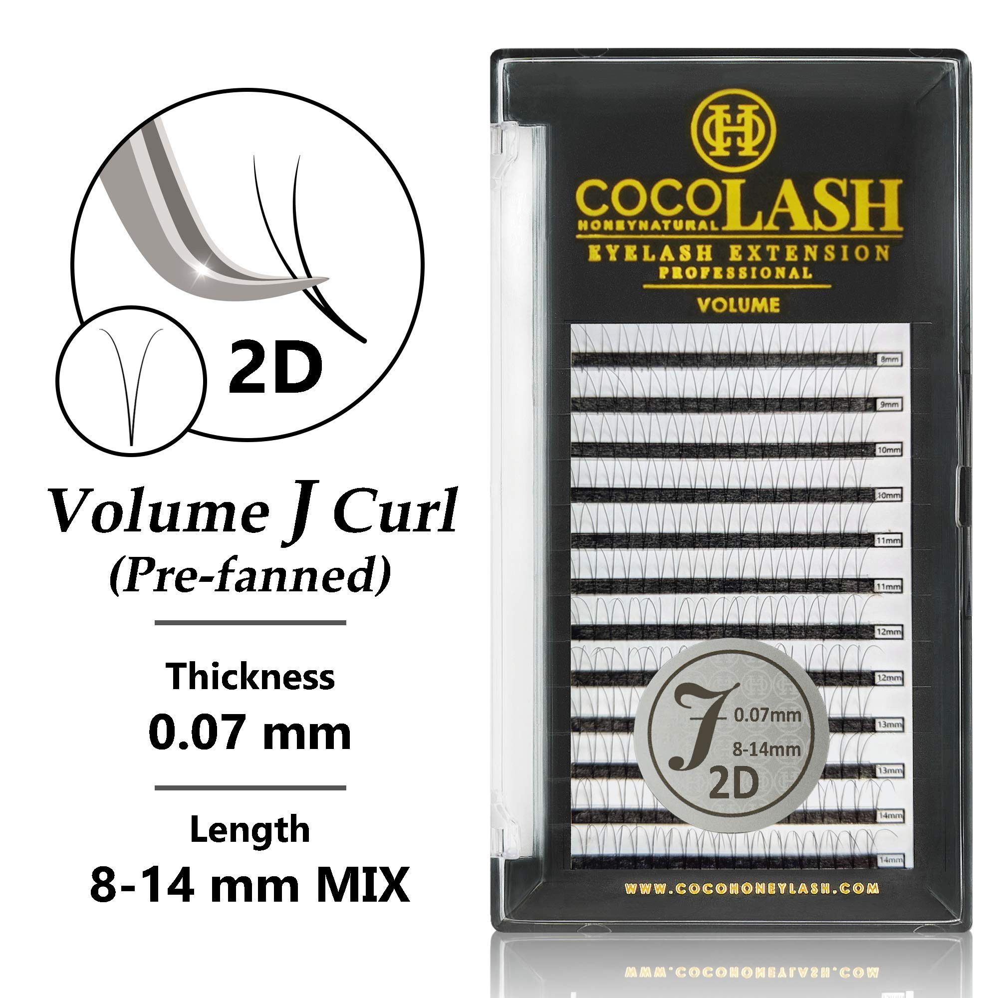 COCO Honey Lash Eyelash Extensions - 2D Volume J Curl 0.07mm Faux Mink Individual Lashes (8-14mm Mixed Length) for Natural & Glamorous Look - Perfect for Weddings, Parties & Daily Wear