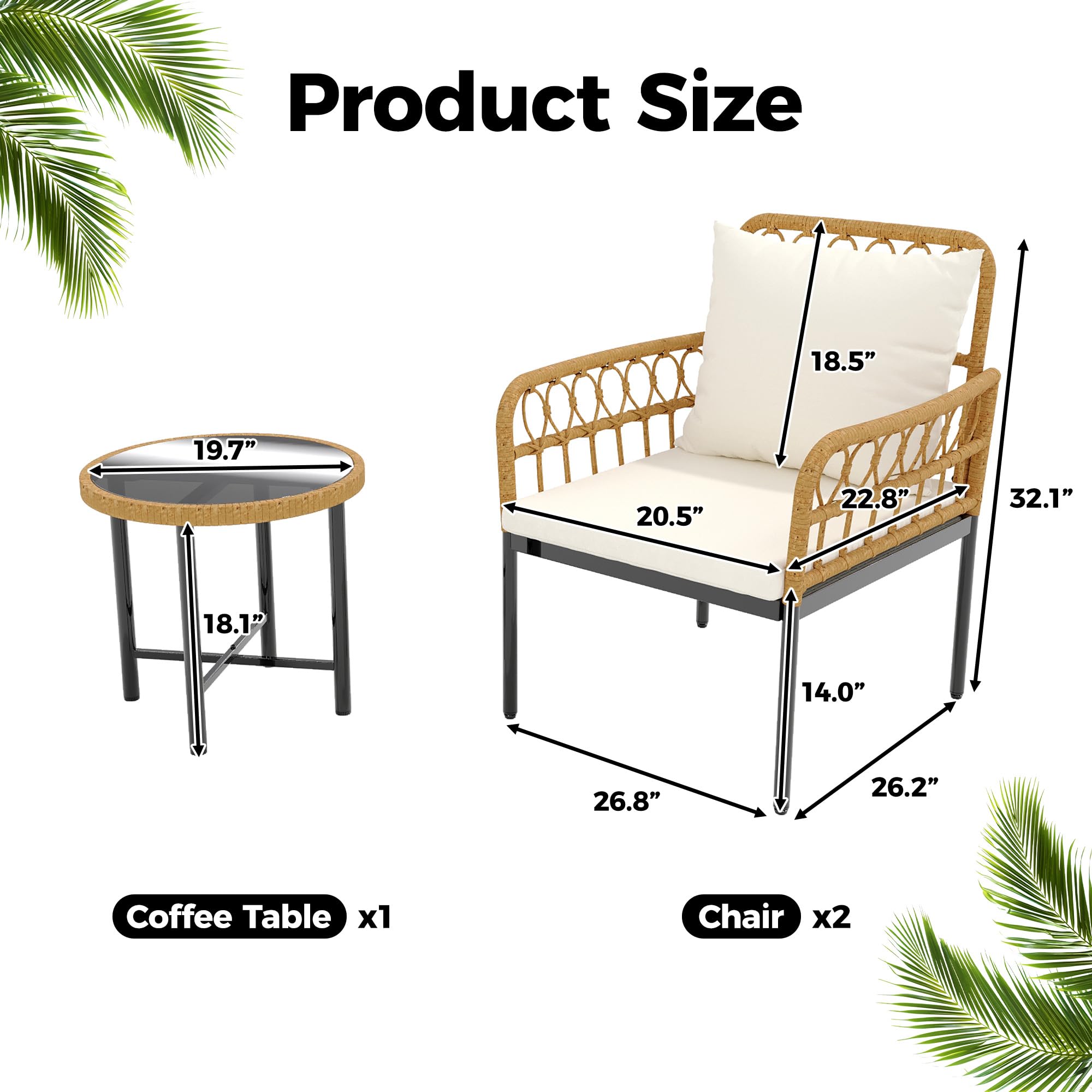 GARVEE 3-Piece All-Weather Wicker Patio Bistro Set with Glass Top Coffee Table & Cushioned Chairs - Boho Outdoor Furniture for Backyard, Garden, Balcony, Poolside - Perfect for Relaxing, Entertaining & Outdoor Dining (Beige)