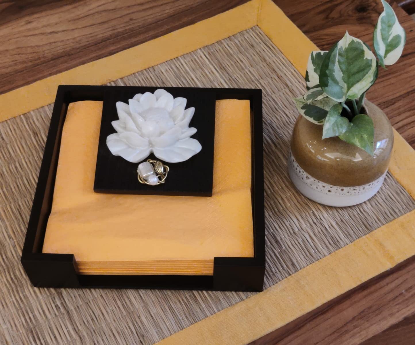 Wooden MDF Flat Napkin Holder for Dining Table - Weighted Flap Cocktail Tissue Paper Stand, Stylish Lotus Design for Home, Restaurant & Party Decor