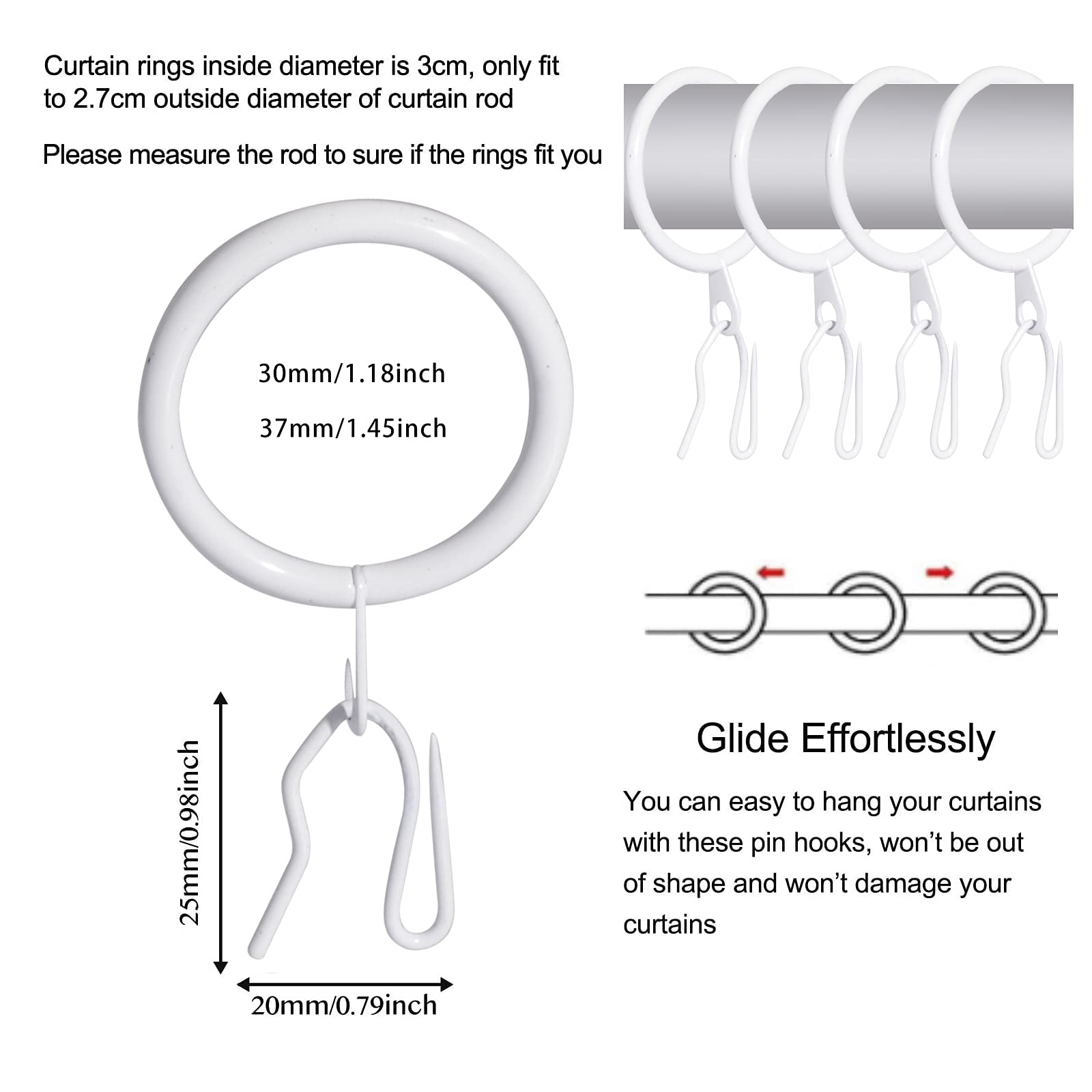 60 Pcs Metal Drapery Rings & Curtain Hooks - 30mm White Curtain Hanging Rings for Rods | Perfect for Living Room, Bedroom & Window Decor