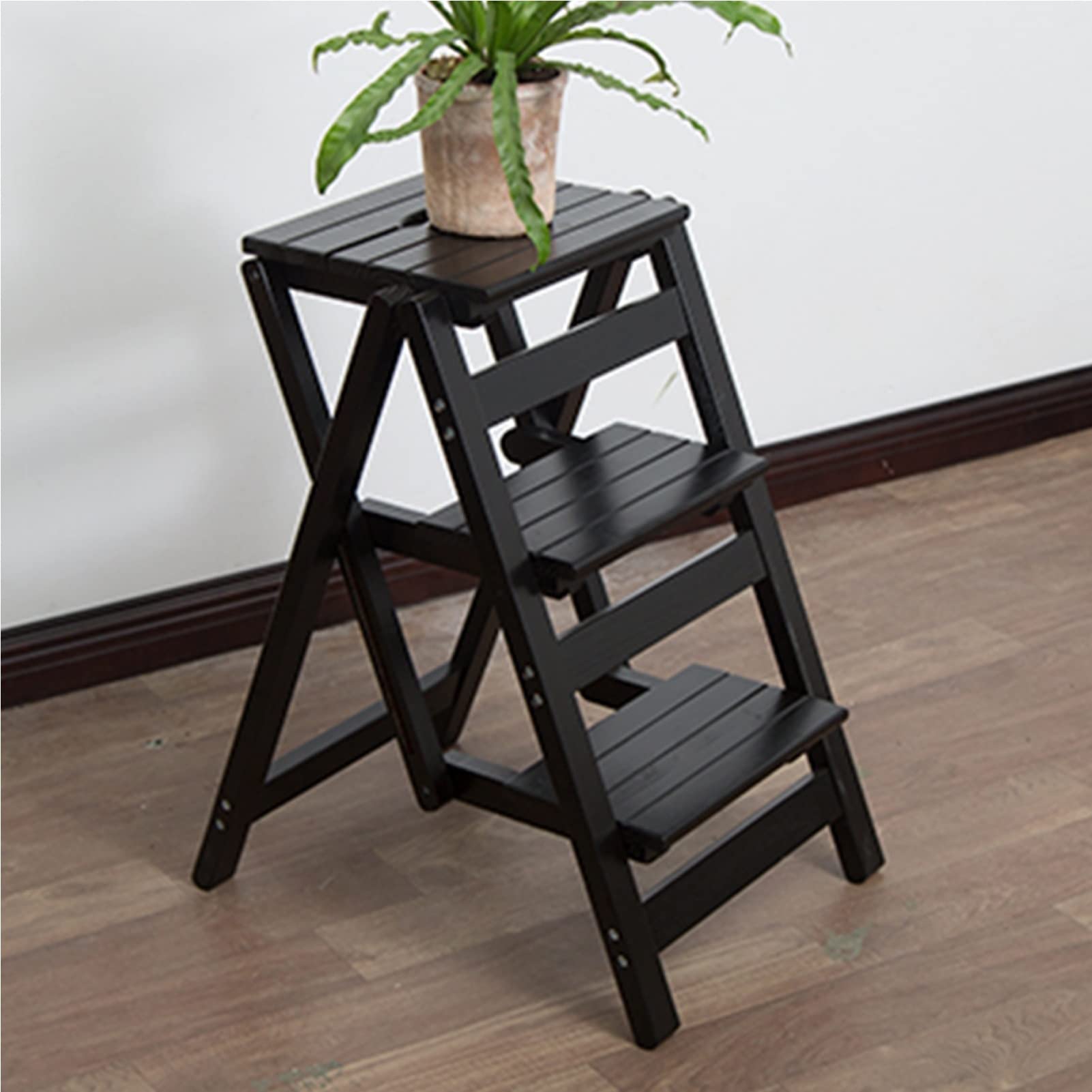 FADUNI 3 Step Wooden Folding Stool Ladder - Portable Step Stool for Home, Office, Kitchen - Black Walnut Foldable Step Ladder with Storage Shelf | Perfect for Reaching High Shelves, Changing Light Bulbs, and Organizing Spaces
