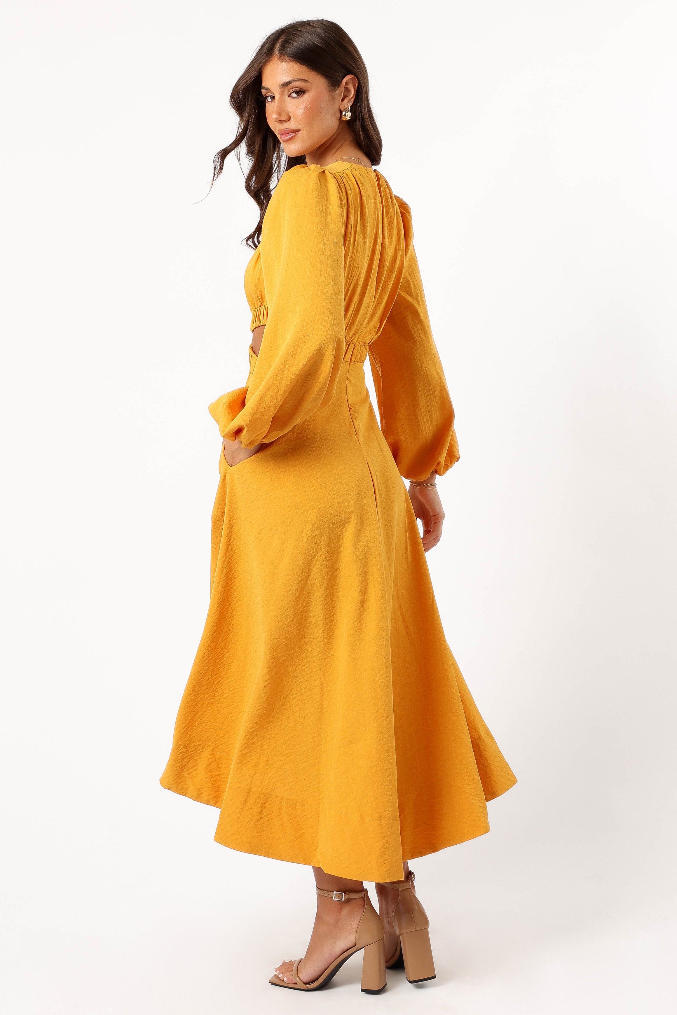 Ginnee Puff Sleeve Cutout Midi Dress in Mustard Yellow | Flowy Summer Dress for Women | Perfect for Beach Vacations, Date Nights & Outdoor Parties