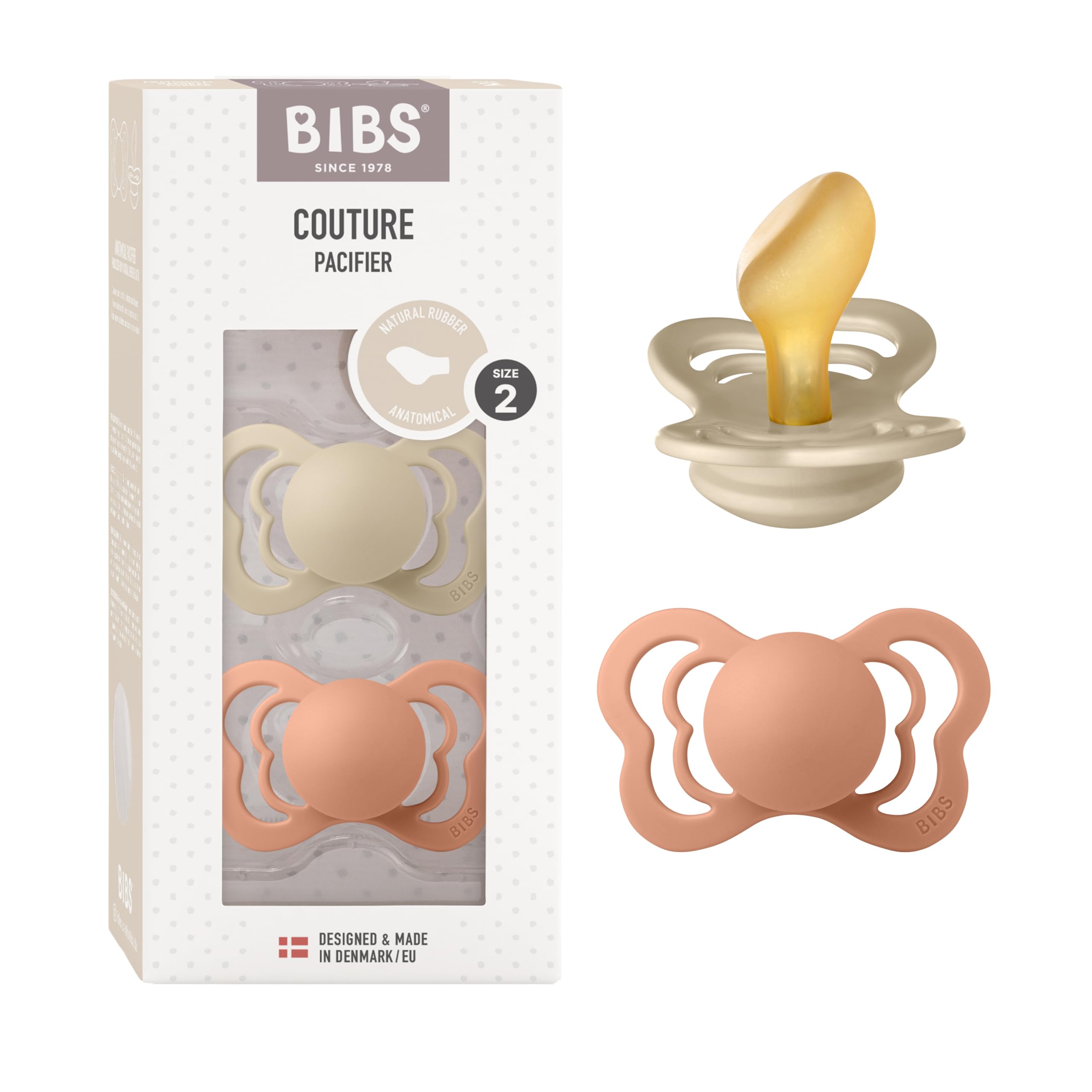 BIBS Couture Baby Pacifier 2-Pack - BPA Free Natural Rubber Latex Soother for Infants 6-18 Months | Made in Denmark | Anatomical Nipple, Vanilla & Peach Colors | Perfect for Daycare, Travel & Comforting Fussy Babies