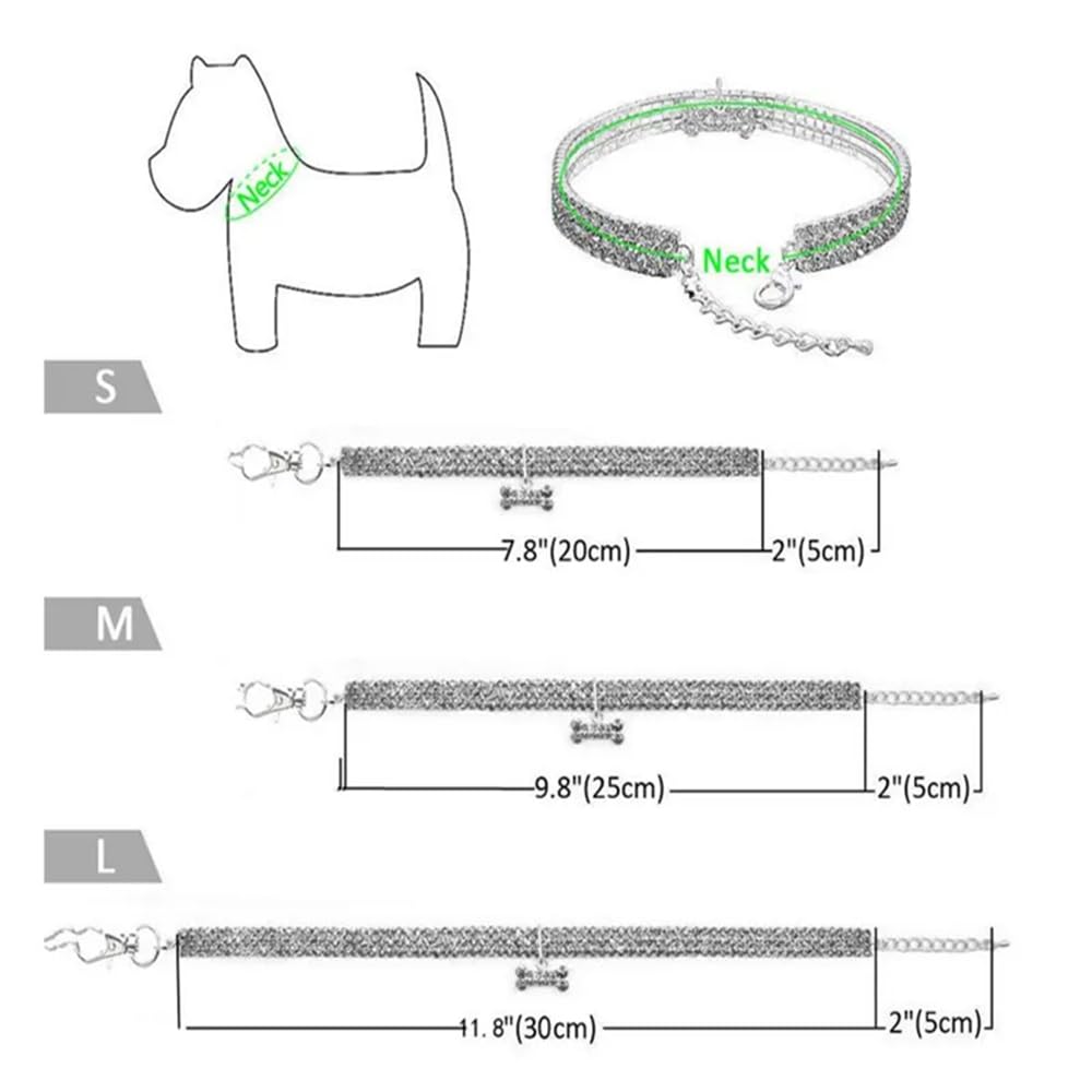 Sparkling Adjustable Rhinestone Pet Collar Necklace for Dogs & Cats - Fashion Bling Bone Design with 3 Rows Diamonds - Perfect for Weddings, Birthday Parties & Special Occasions - Silver Shiny Jewelry Gift for Small Puppies & Kittens