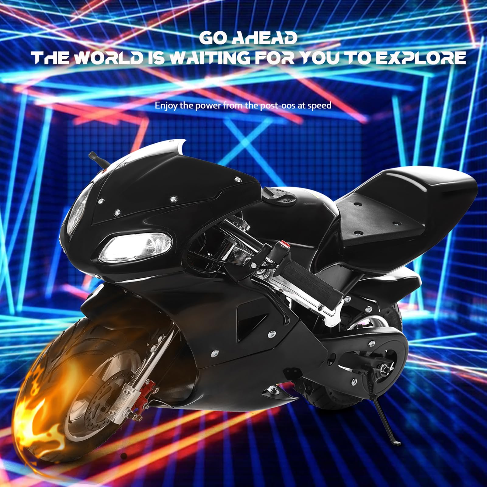 49cc Gas Pocket Bike for Kids - 25MPH, 170lbs Capacity, Dual Headlights & Disc Brakes (Black Fire) - Perfect for Backyard & Neighborhood Riding
