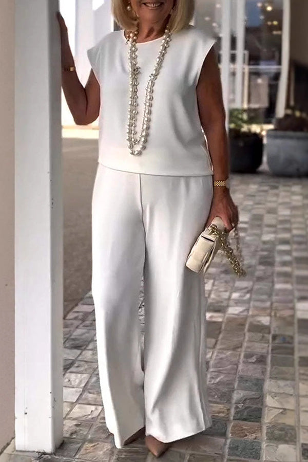 Solid Color Crew Neck Sleeveless Top & Pocket Straight Leg Pants Set - Women's Casual 2-Piece Outfit for Summer, Work, Travel & Everyday Wear