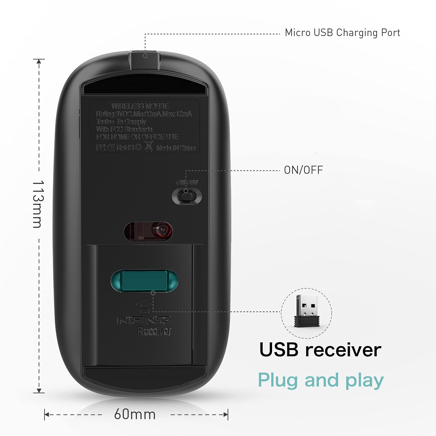 Rechargeable Wireless Mouse for Laptop, Mac, PC - 2.4G USB-C Mouse Compatible with MacBook Pro/Air, iMac, Chromebook & Windows Computers (Gray Black) - Perfect for Office, Home & Travel Use