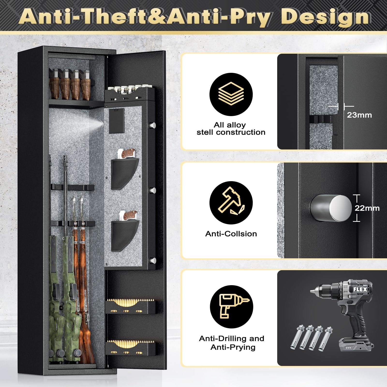 INTERGREAT 4-6 Rifle Gun Safe - Heavy Duty Metal Gun Cabinet for Pistols, Shotguns & Firearms with 3 Adjustable Shelves & Handgun Pockets - Secure Home & Office Gun Storage for Safety & Protection