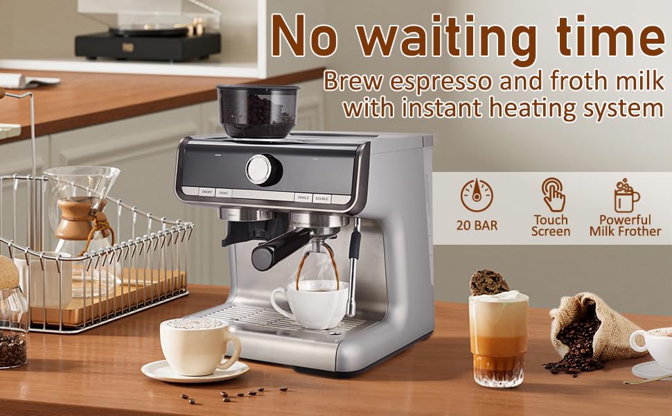 Premium 20 Bar Semi-Automatic Espresso Coffee Maker with Built-in Grinder & Milk Frother - PID Temperature Control, 95oz Water Tank - Perfect for Home Baristas & Coffee Lovers (Silver) | Ideal for Making Espresso, Cappuccino, Latte & Macchiato at Home or Office