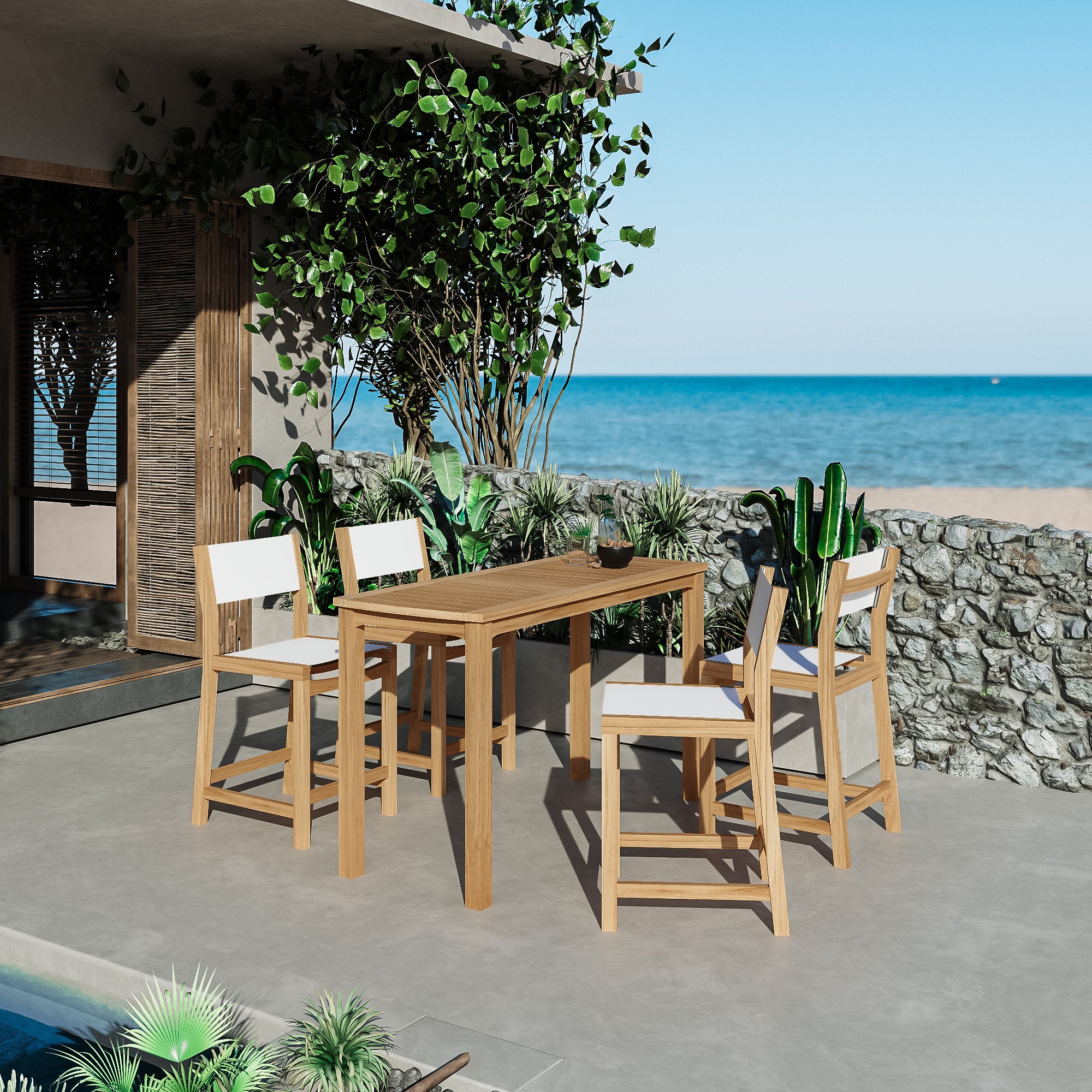 Premium 5-Piece White Teak Outdoor Counter Height Dining Set - Rectangular Table & Chairs for Patio, Deck, Garden & Backyard Entertaining