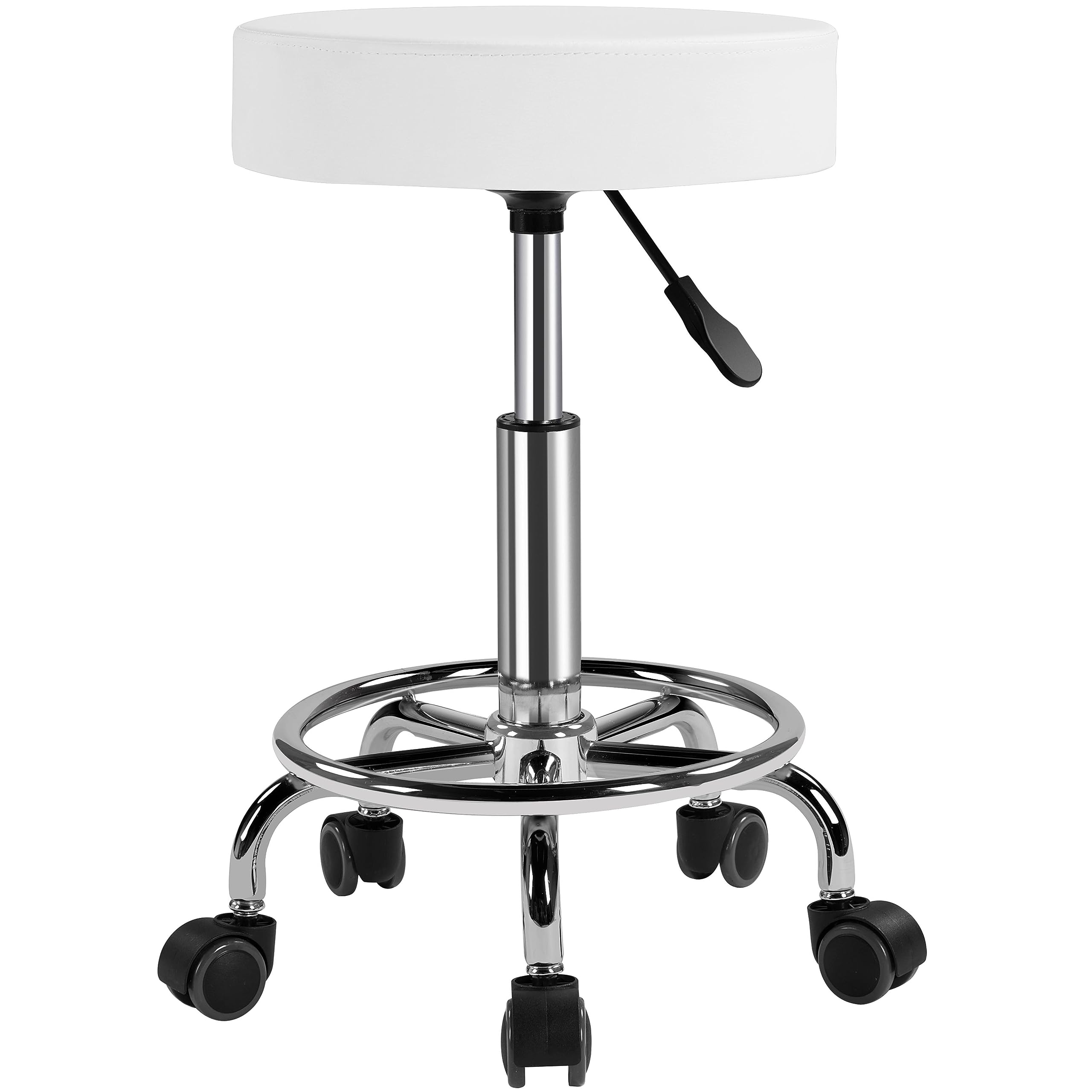 Topeakmart Adjustable Rolling Stool with Footrest - Swivel Spa Chair for Tattoo, Massage, Office & Beauty Salon - PU Leather Drafting Stool with Height Adjustment (White) - Perfect for Tattoo Artists, Hair Stylists, and Salon Professionals
