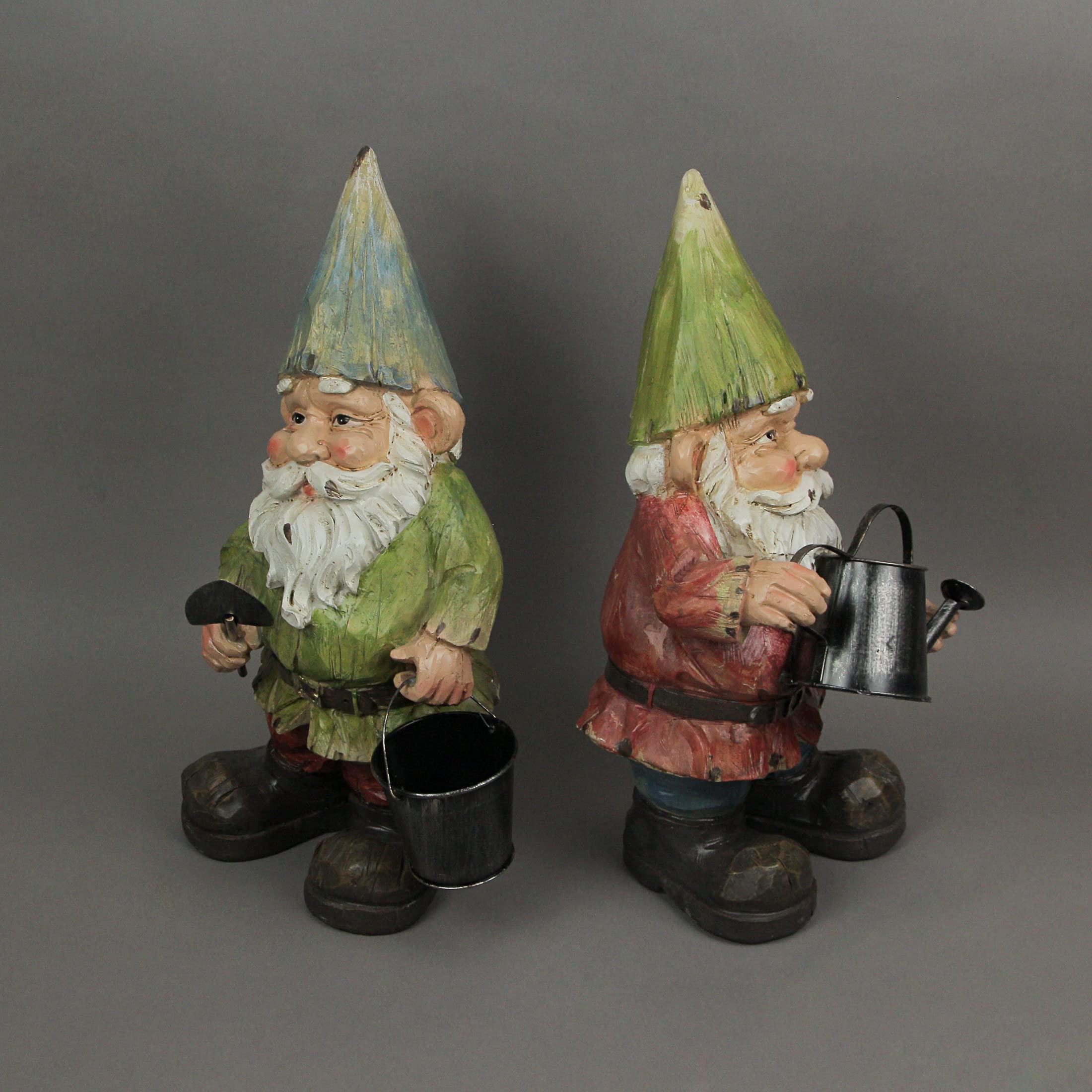 Set of 2 Wood-Look Garden Gnome Resin Statues - 15 Inch Outdoor Lawn Decor, Yard Art for Garden, Patio & Landscape Decoration