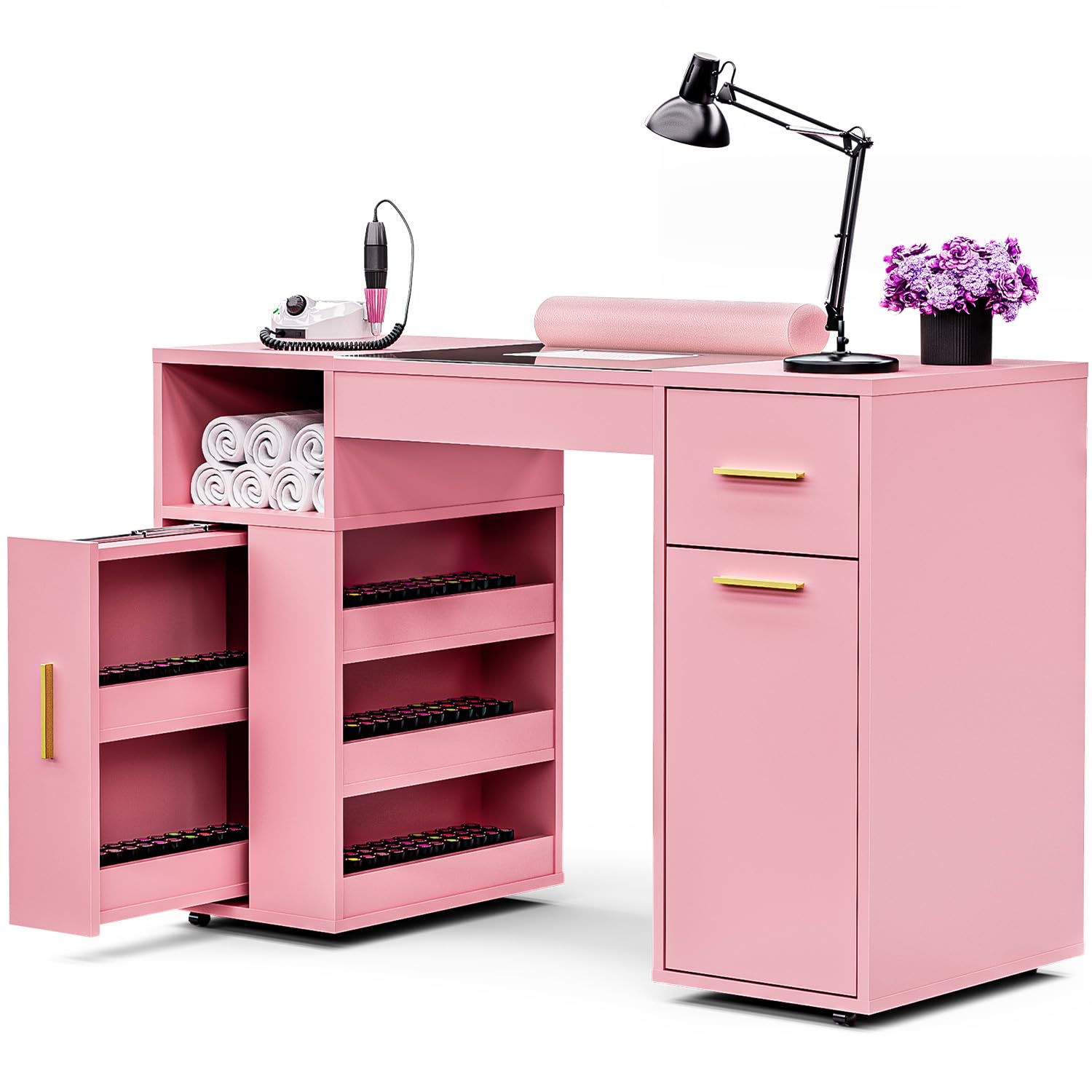 Professional Manicure Table with Glass Top & Wrist Rest - Acetone Resistant Nail Tech Station with 4 Dust Bags & Storage Drawers - Pink Beauty Salon Workstation for Nail Artists & Home Use