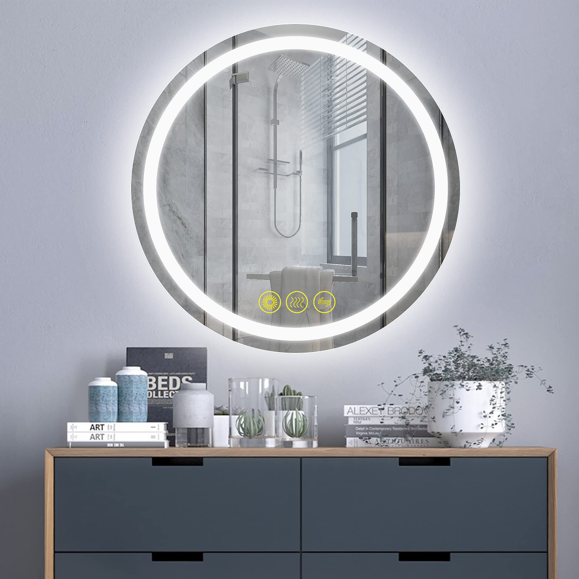 OKISS 36 Inch LED Bathroom Mirror - Dimmable Anti-Fog Wall Mount Circle Mirror with Adjustable Warm/White/Daylight Backlit Lighting | Perfect for Makeup Vanity, Shaving & Home Decor