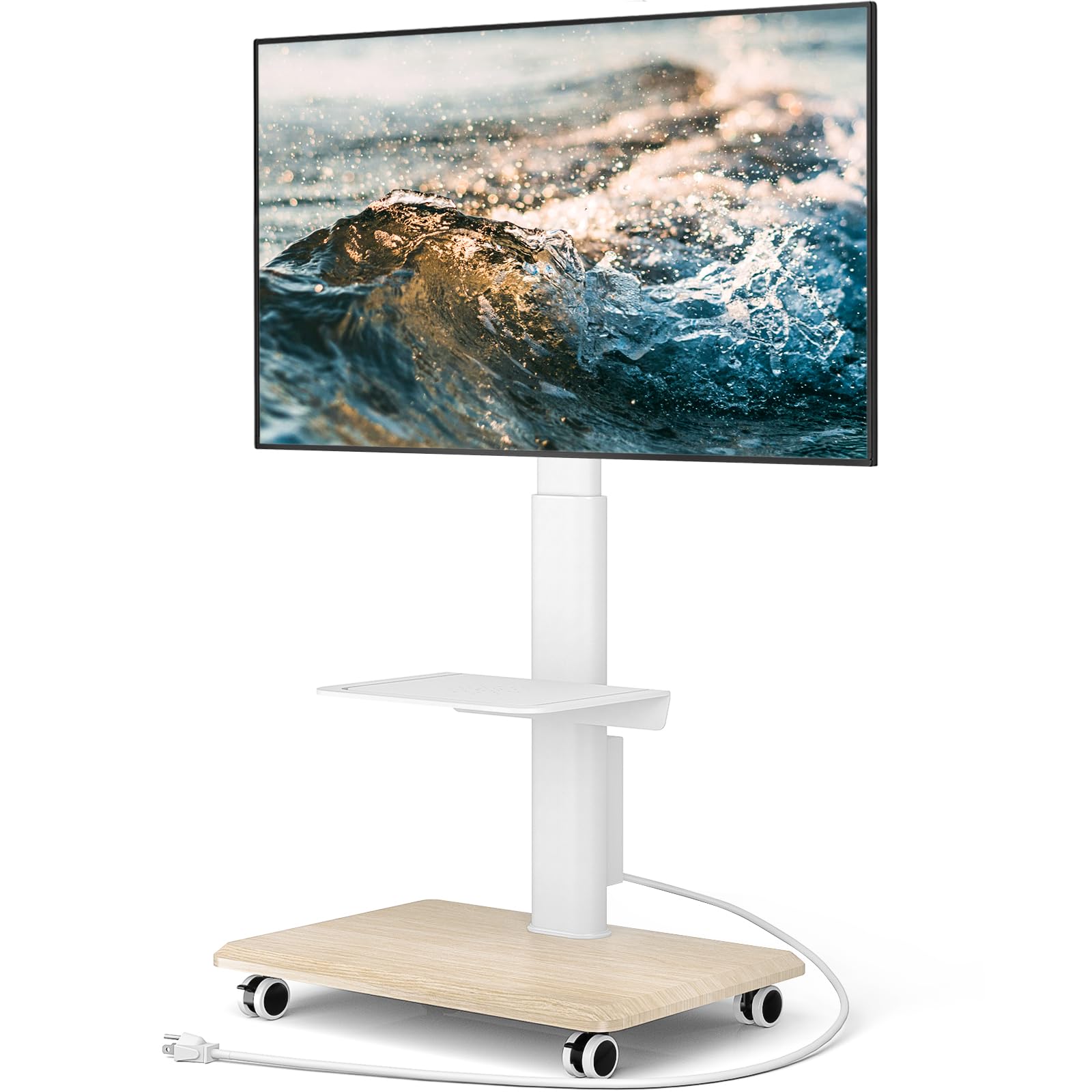 Universal TV Stand for 32-70 Inch TVs - Swivel Rolling Height Adjustable Mobile TV Stand with Power Outlet, Wood Base White Entertainment Center - Perfect for Living Room, Bedroom, or Home Theater Setup
