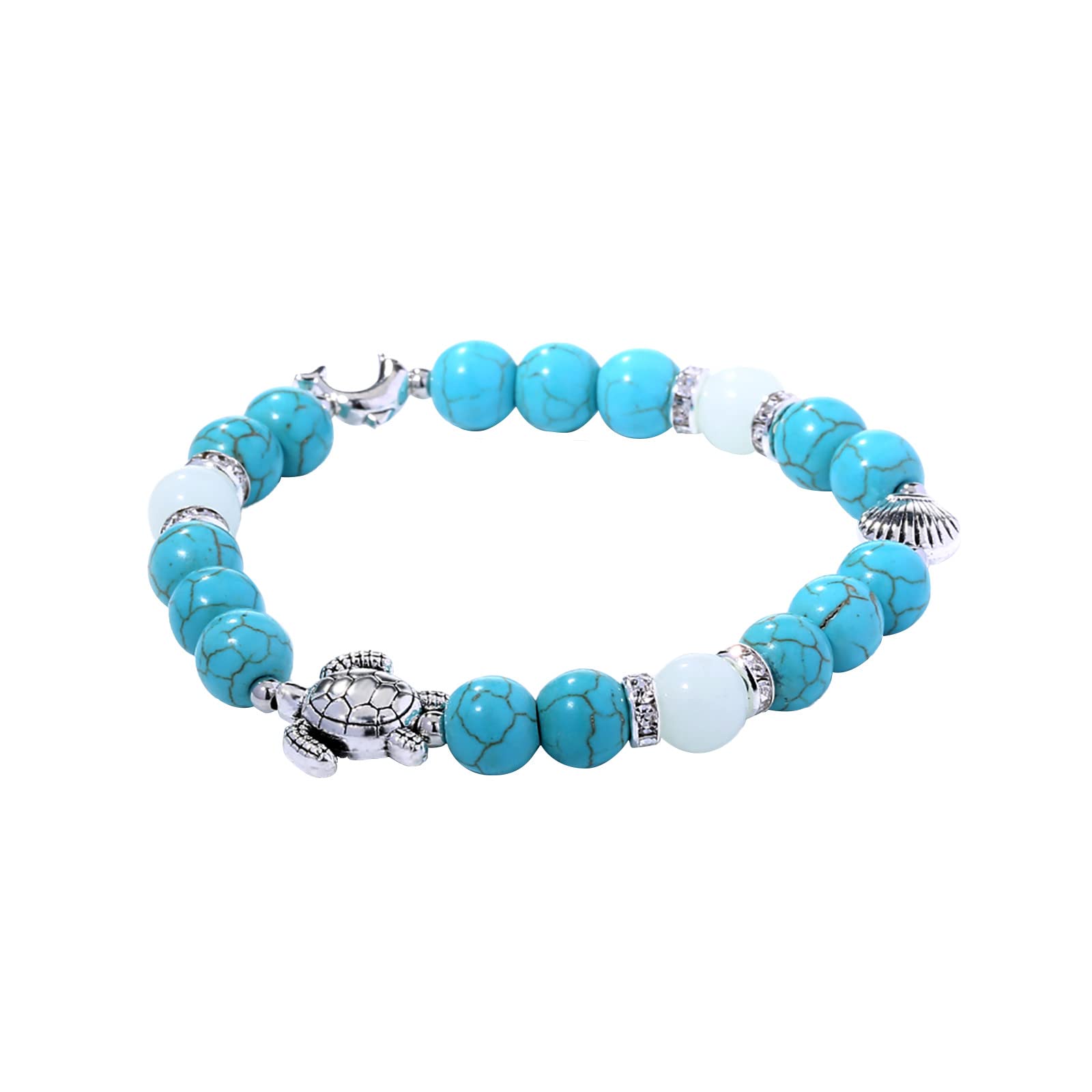 Turquoise Beaded Turtle Bracelet for Mom - Antique Blue Jewelry with Silver Scallop Pendant, Luminous Gift Bracelet for Women | Perfect for Mother's Day, Birthday Gifts & Special Occasions