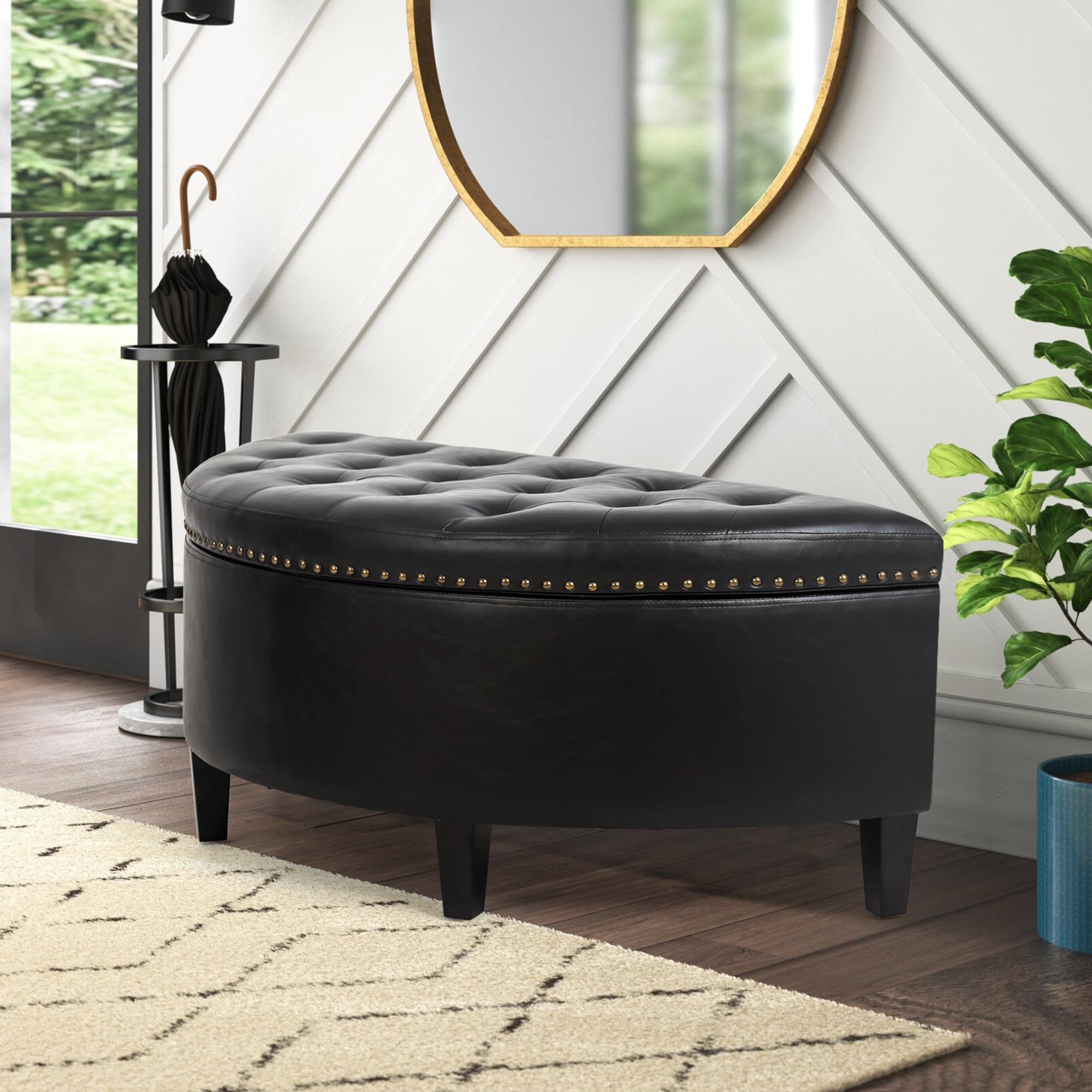 Joveco Storage Bench - PU Leather Half Moon Button Tufted Ottoman with Rivet Decor, Multi-Functional Coffee Table for Living Room, Bedroom & Entryway - Perfect for Extra Seating, Storage & Home Decor