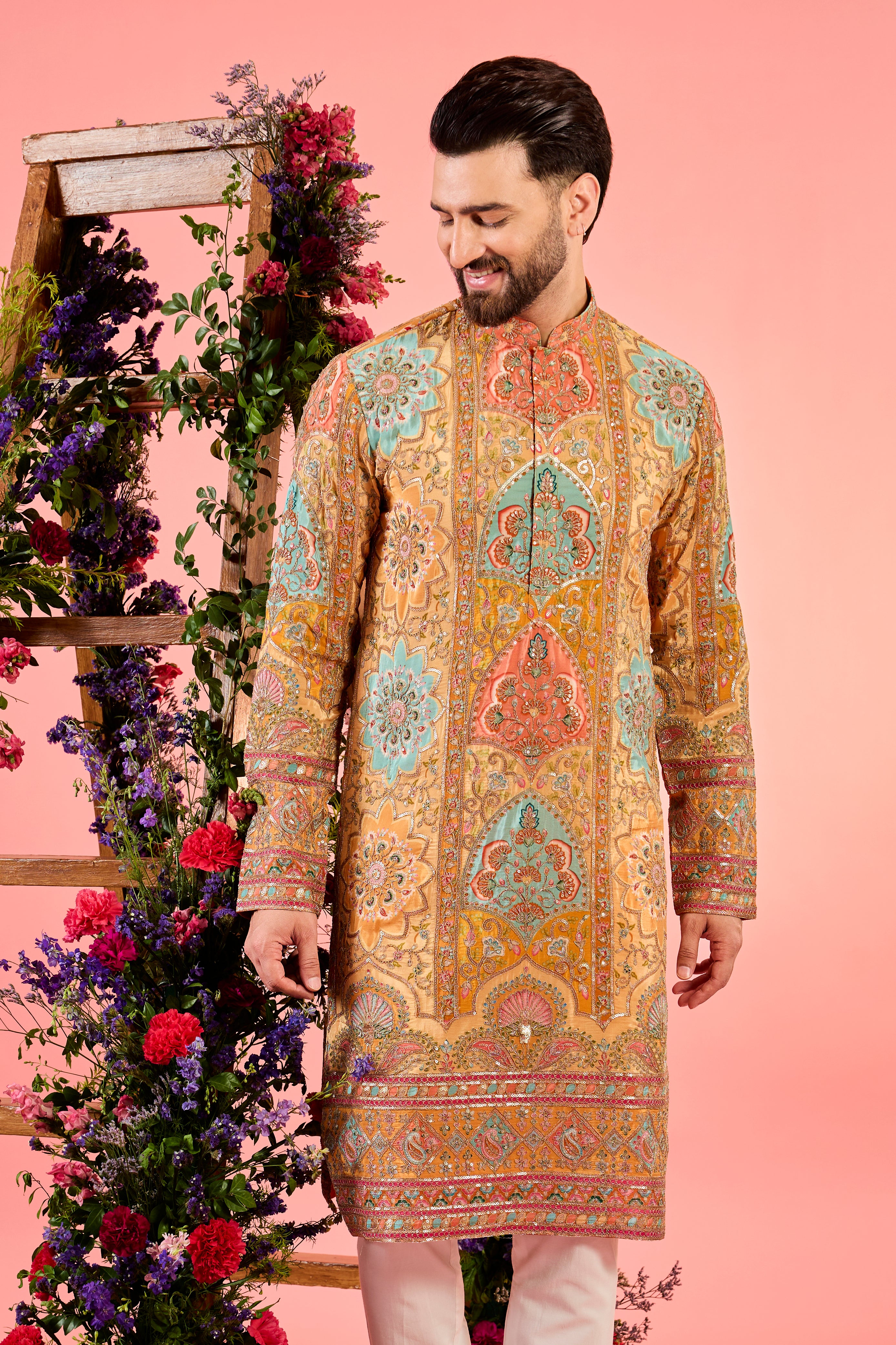 Exquisite Mustard Chikankari Kurta with Intricate Multi-Colored Floral Embroidery - Perfect for Festivals, Weddings & Ethnic Occasions