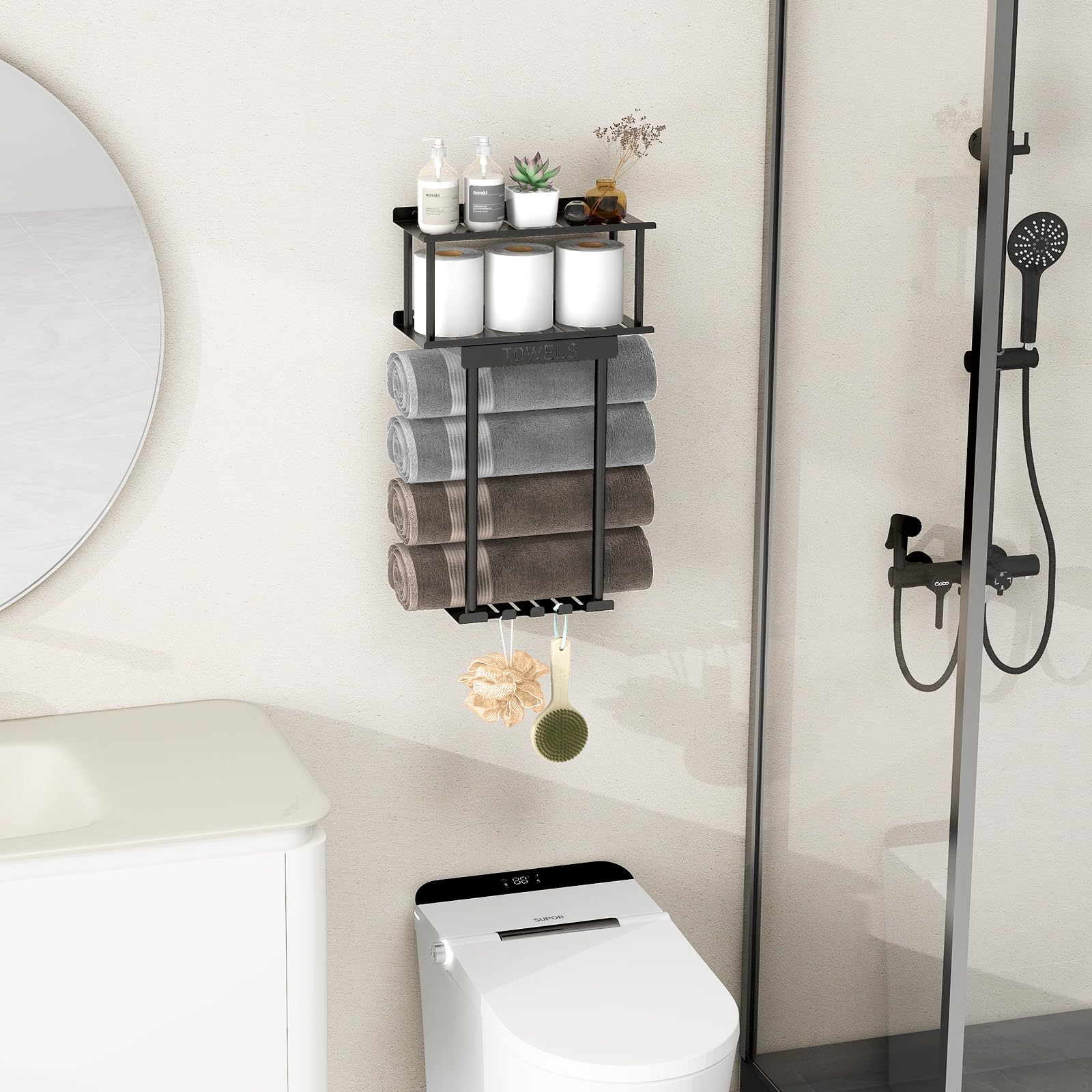 Sturdy Metal Wall Mounted Bathroom Towel Rack with Shelf & Storage Basket - Space Saving Towel Organizer with Hooks for Small Bathrooms (Black) - Perfect for Bathroom Organization & Rolled Towel Storage