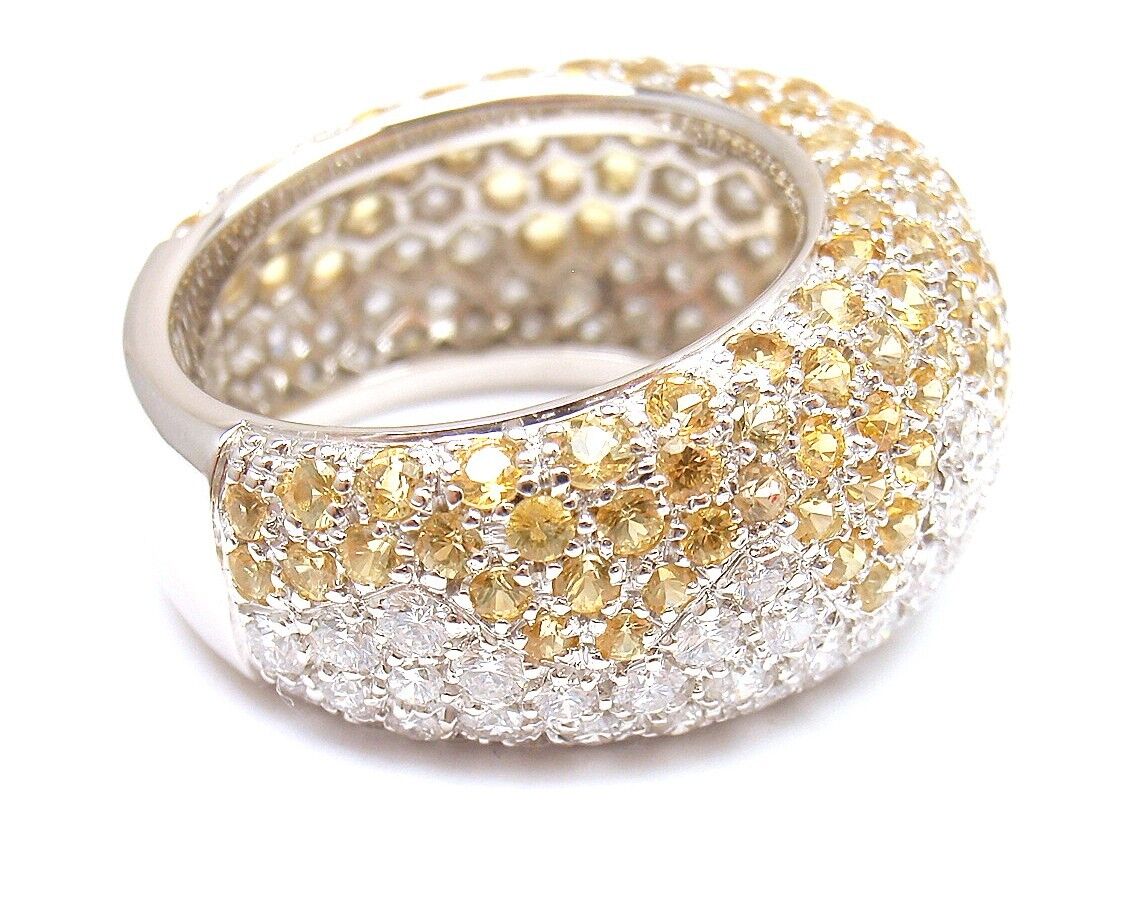 Authentic Chopard 18K White Gold Yellow Sapphire Diamond Wave Wide Band Ring for Women - Luxury Statement Jewelry for Weddings, Anniversaries & Special Occasions