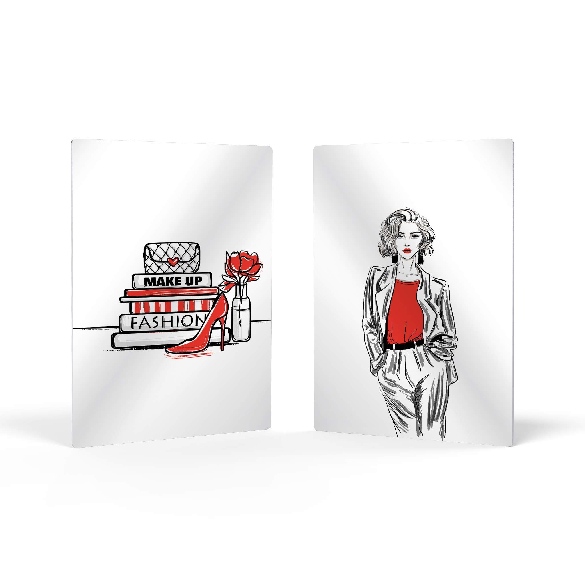 Stylish 2-Panel Glam Fashion Metal Wall Art Print Set - Red, Black & White Book, Bag & High Heels Design - Perfect for Office, Bathroom, Women's Dorm, Bedroom & Living Room Decor (12x8 Inches, Set of 2) - Ideal for Home Decor, Gift Giving & Fashion Enthusiasts