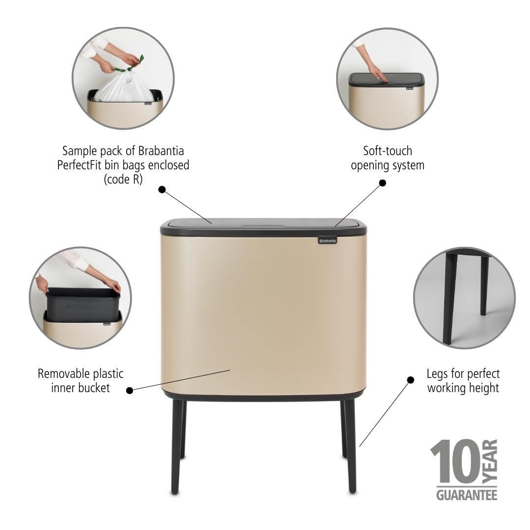 Brabantia Bo 9.5 Gallon Trash Can with Removable Inner Bucket - Metallic Gold Waste & Recycling Bin, Includes Free Bags - Perfect for Kitchen, Office & Bathroom Organization