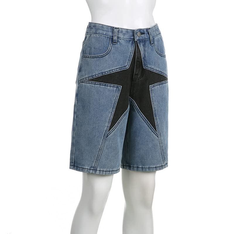CYee Women's High Waist Denim Shorts - Y2K Grunge Patchwork Star Design, Baggy Straight Leg Jean Shorts for Hip Hop, Goth & Streetwear | Perfect for Summer Outfits, Concerts and Casual Street Style