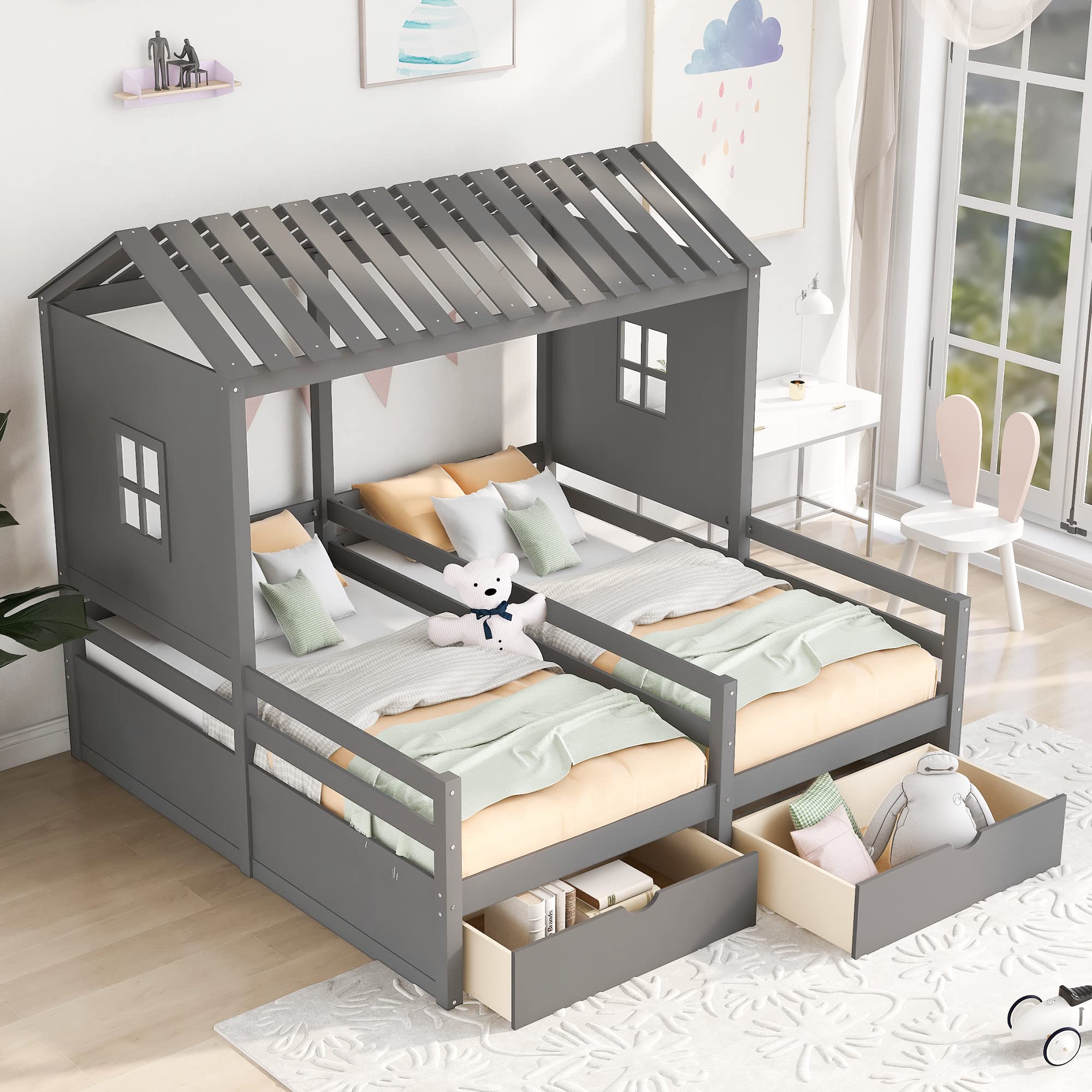 Two Twin Size House Platform Beds with Drawers, Roof & Window - Wood Slat Support, No Box Spring Needed - Gray & Pine Kids Bedroom Furniture for Playroom, Nursery or Children's Room Decor