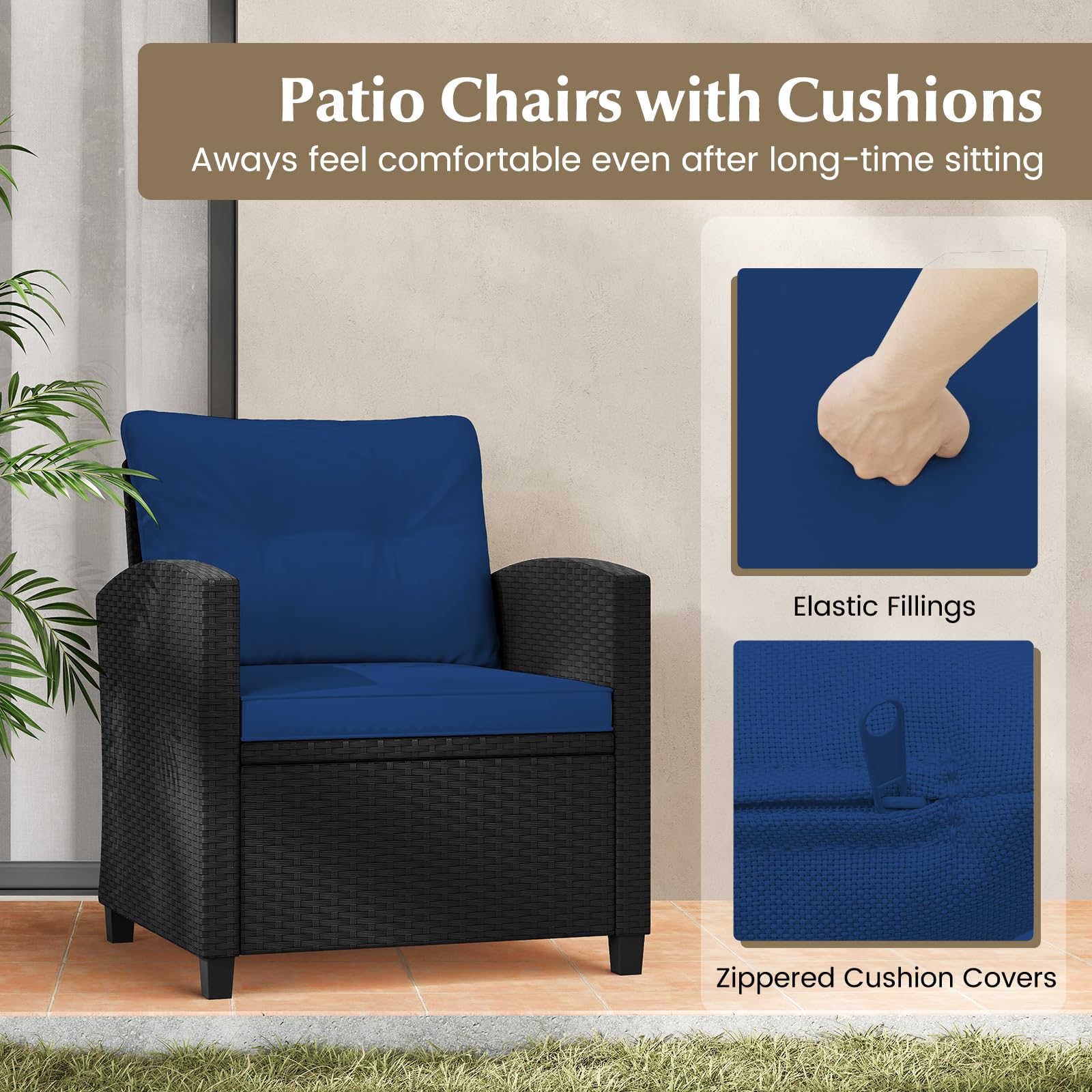 Tangkula 3-Piece Patio Furniture Set - Rattan Outdoor Conversation Set with Soft Cushions & Tempered Glass Coffee Table - Wicker Seating for Backyard, Porch, Poolside - Perfect for Relaxing, Entertaining & Outdoor Gatherings