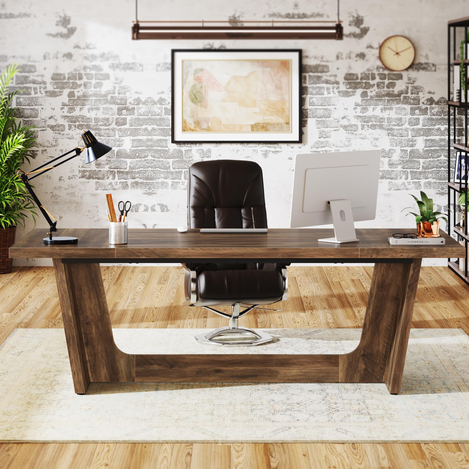 Tribesigns 70.87-Inch Executive Computer Desk - Solid Wood Home Office Desk with Industrial Style, Large Writing Table for Business & Study, Brown - Perfect for Home Office, Gaming Setup & Remote Workstation