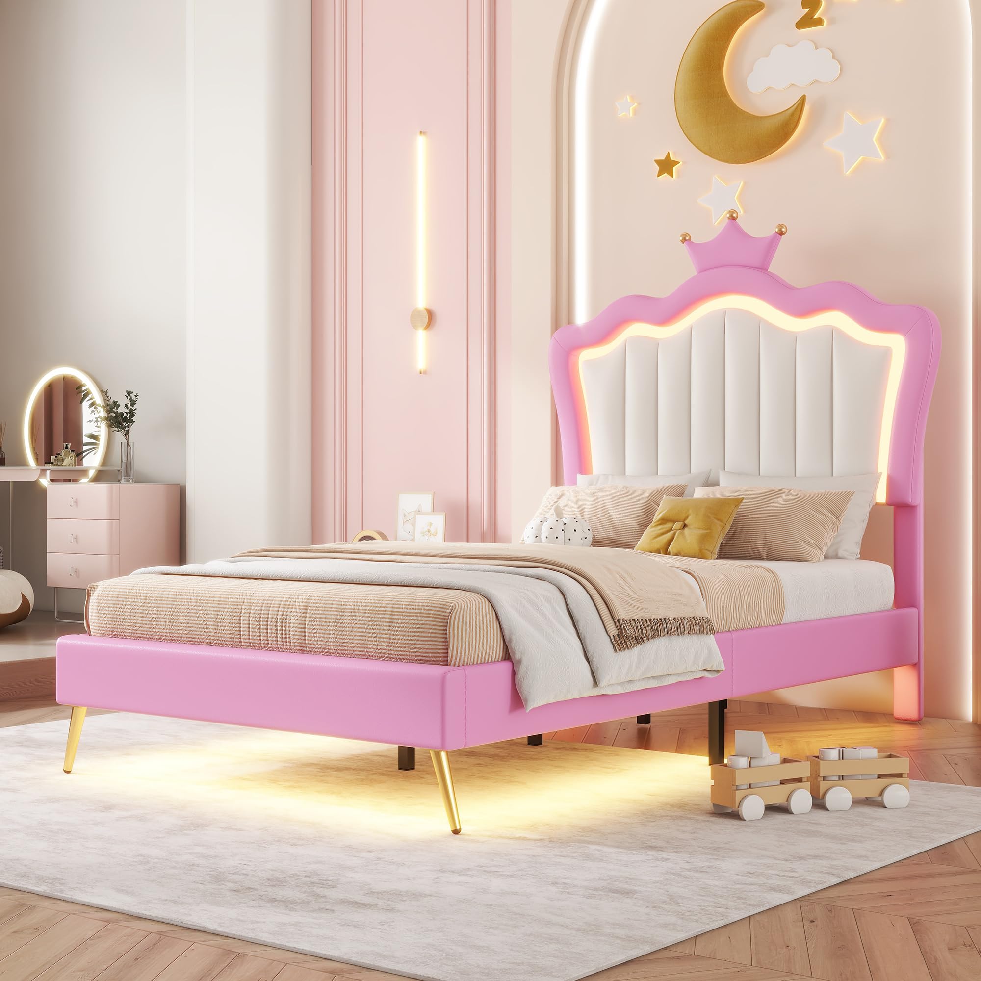 Linique Twin Size Upholstered LED Bed Frame with Crown Headboard - Modern Princess Bed in Pink & White | Perfect for Girls' Bedroom, Teen Room Decor & Fairy Tale Themed Spaces