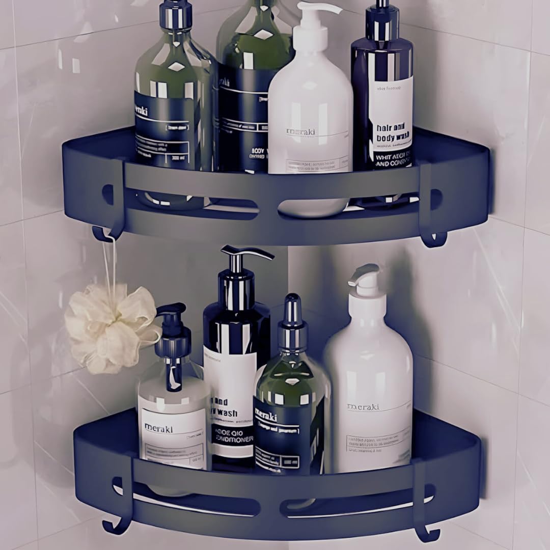 SHATROSSO® 2-Pack Black Aluminum Corner Shelf for Bathroom - No Drill Self-Adhesive Wall Mounted Bathroom Organizer - Perfect for Shower, Toilet, and Vanity Storage