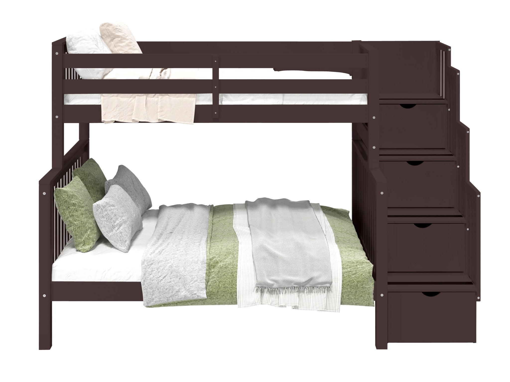 Twin Over Full Bunk Bed with Stairway in Dark Cherry - Space-Saving Kids & Guest Bedroom Furniture for Small Rooms