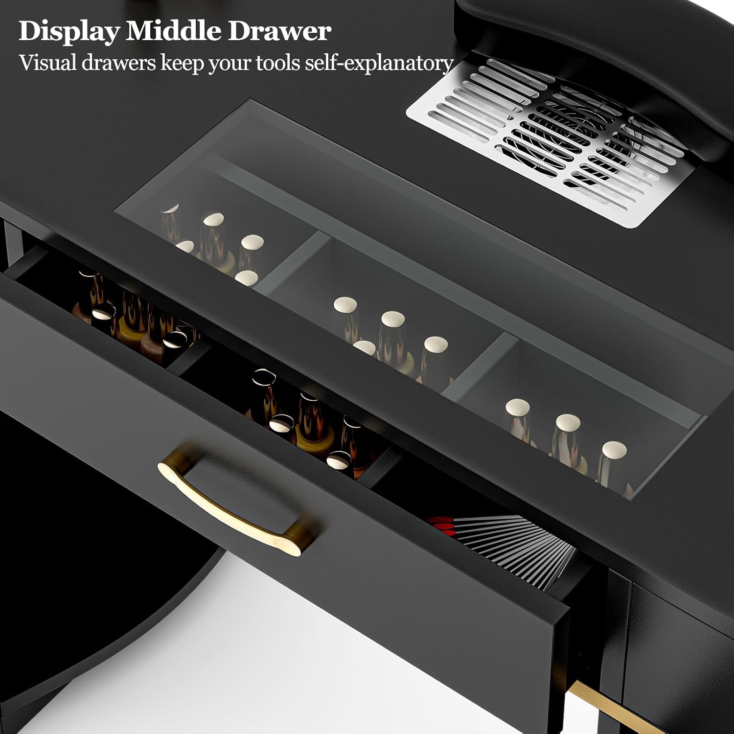 Professional Manicure Table Nail Station for Salon & Home Use - Glass Top Nail Tech Table with Electric Dust Collector, 7 Drawers & 3-Tier Shelves, Beauty Workstation with Wrist Cushion & Golden Handles (Black) - Perfect for Nail Artists, Home Salons & Professional Nail Technicians