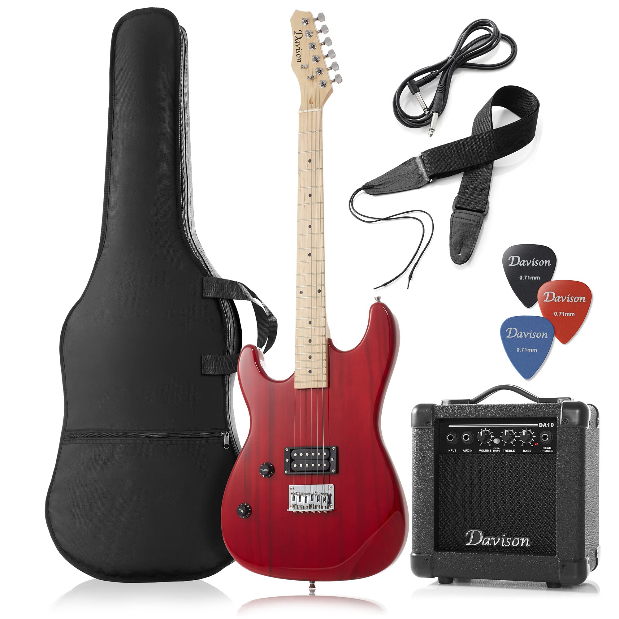 Left Handed Electric Guitar Kit for Beginners - Davison Full Size Guitar with 10W Amp, Gig Bag & Accessories (Red) - Perfect for Home Practice, Stage Performance & Music Lessons
