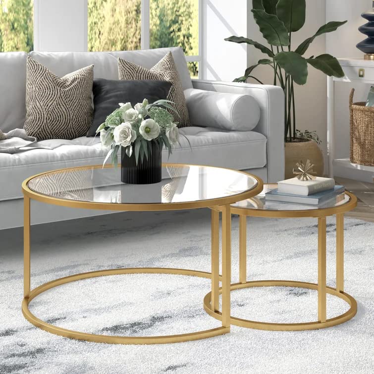 Modern Round Nesting Coffee Table Set of 2 - Gold Metal Frame & Tempered Glass Side Tables for Living Room, Dining Room - 31.5