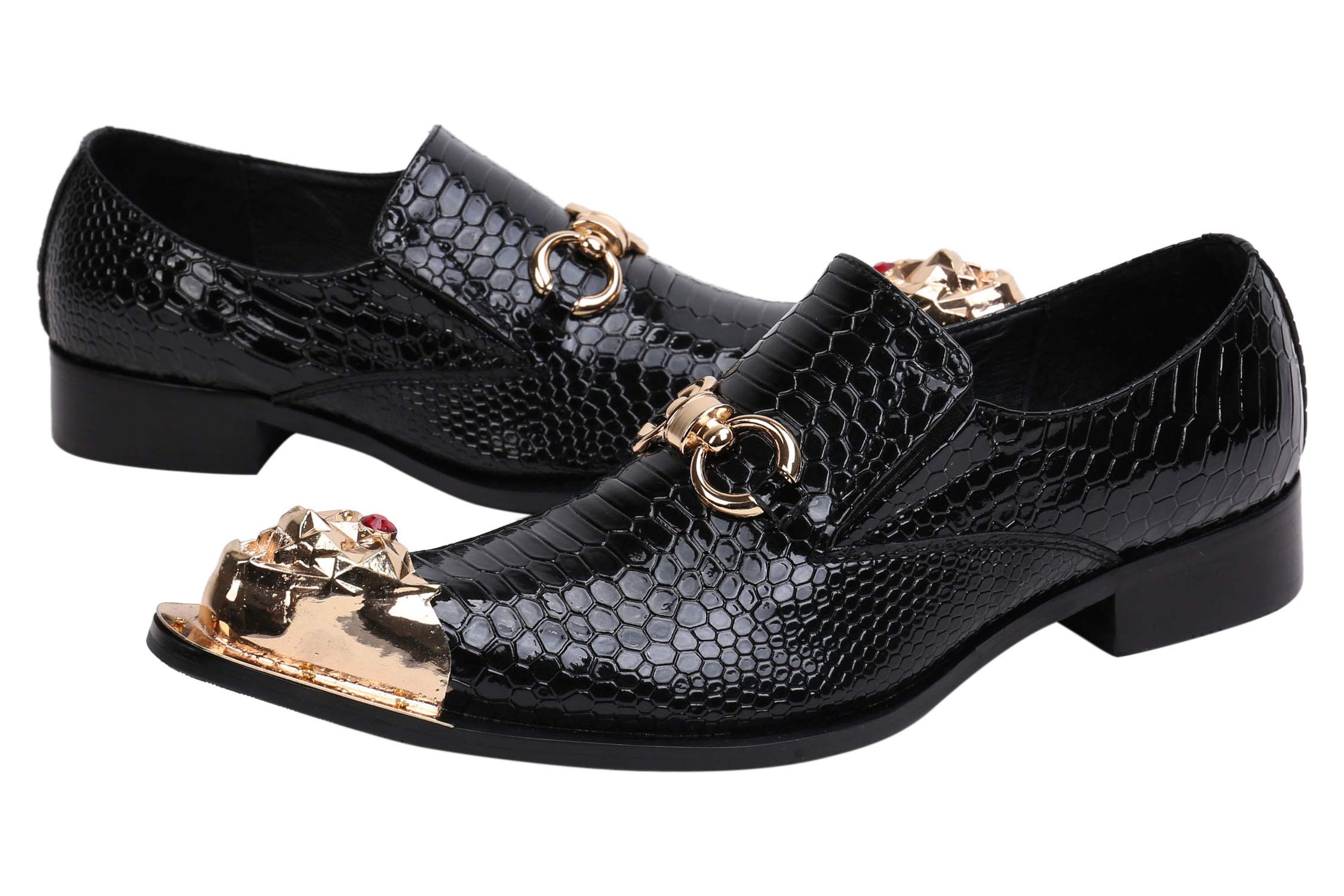 Santimon Men's Loafers - Pointed Toe Leather Dress Shoes with Rhinestone Buckle & Metal Tip for Western Style | Comfortable Slip-On Shoes for Business, Party & Casual Wear