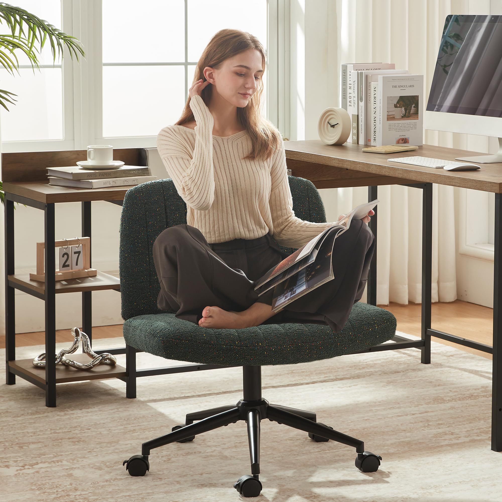 Premium Swivel Computer Chair with Locking Wheels & Pocket Spring Cushion - Adjustable Ergonomic Office Chair, Modern Criss Cross Design in Green - Perfect for Home Office, Gaming & Vanity Desk