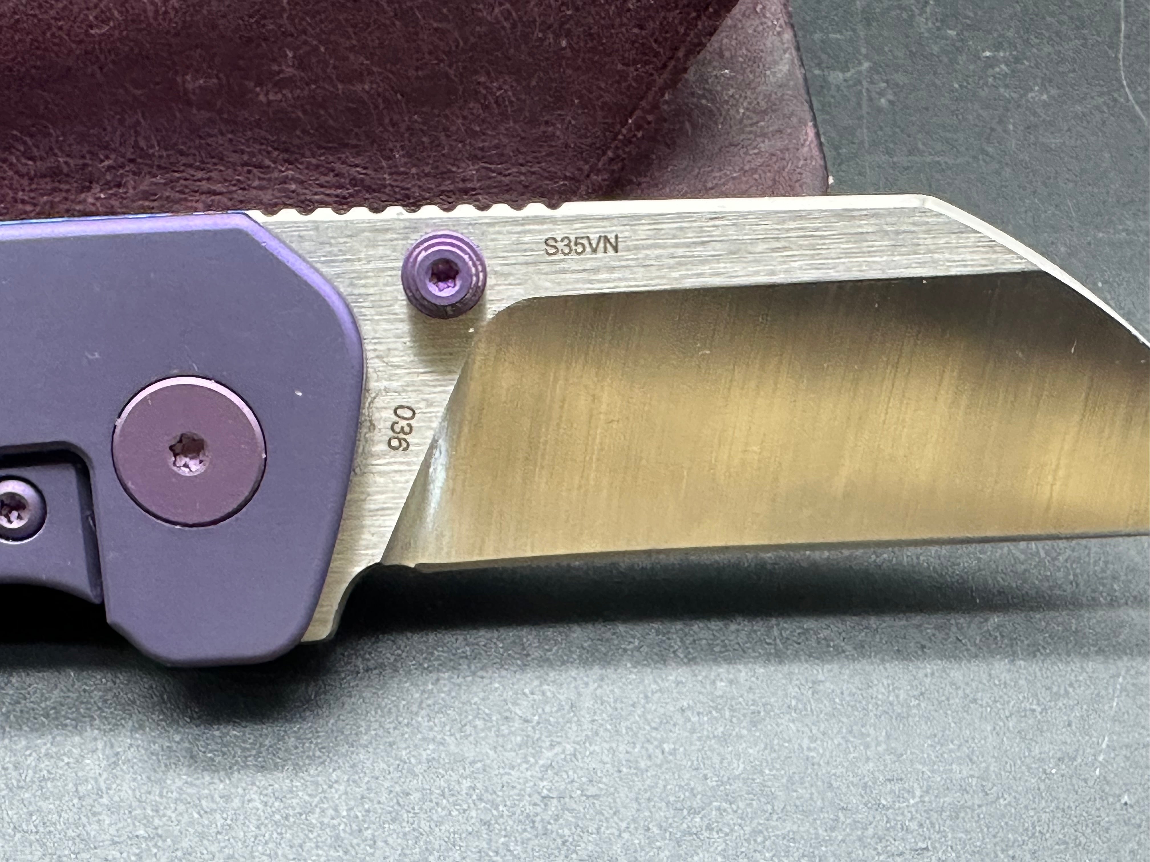 Kaviso QSP Penguin Mini Pocket Knife - Purple Titanium & Timascus Blade with Custom Purple Oak City Leather Slip | EDC, Outdoor, Camping & Everyday Carry Accessories