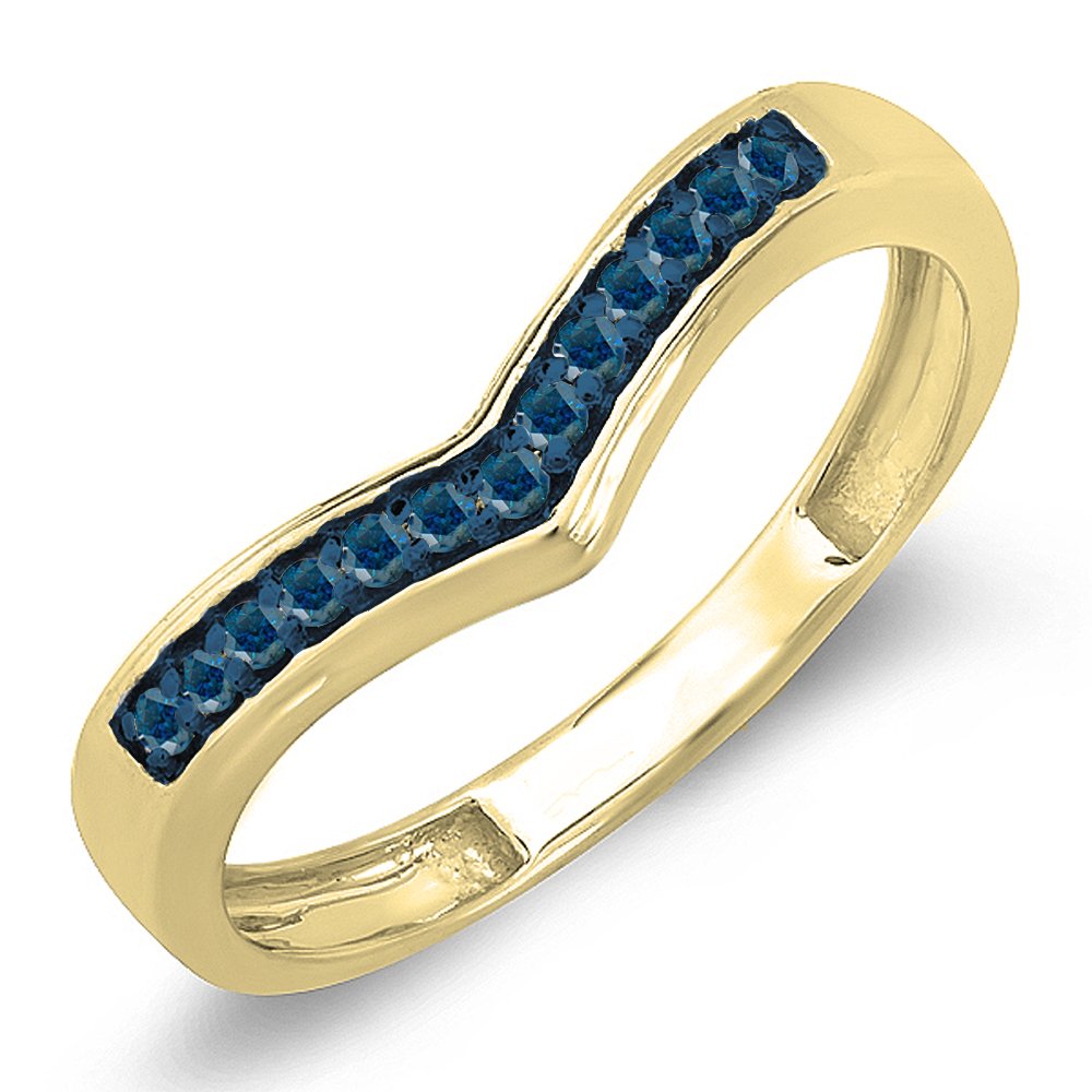 0.15 Cttw 10K Solid Gold Round Real Blue Diamond Wedding Ring - Stackable Anniversary Band, Chevron Guard Ring for Bridal Jewelry, Engagement Gift & Special Occasions