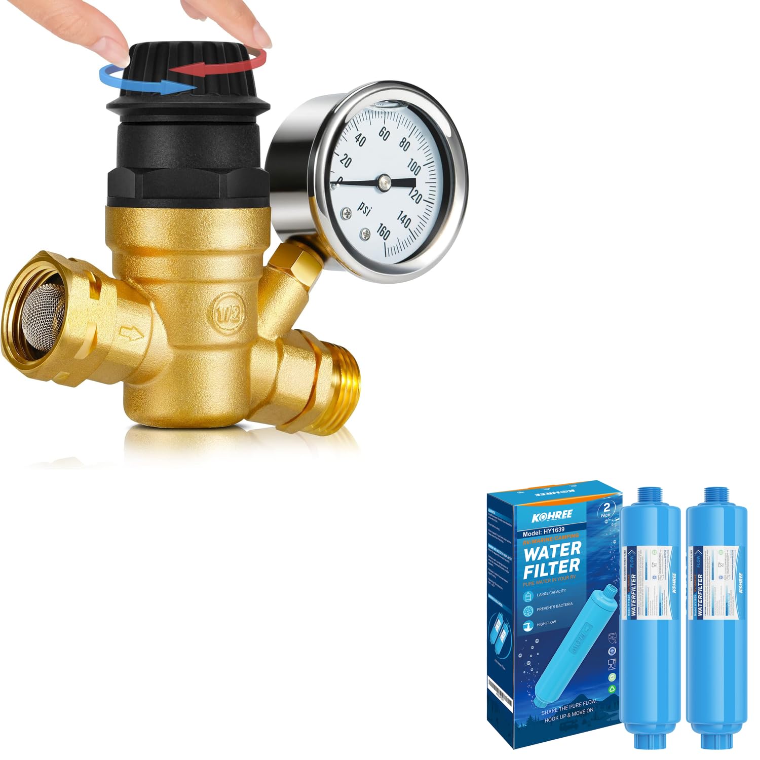 Kohree RV Water Filter 2 Pack & Adjustable Pressure Regulator – Essential for Clean Water & Optimal Flow in Campers, Trailers, and RVs