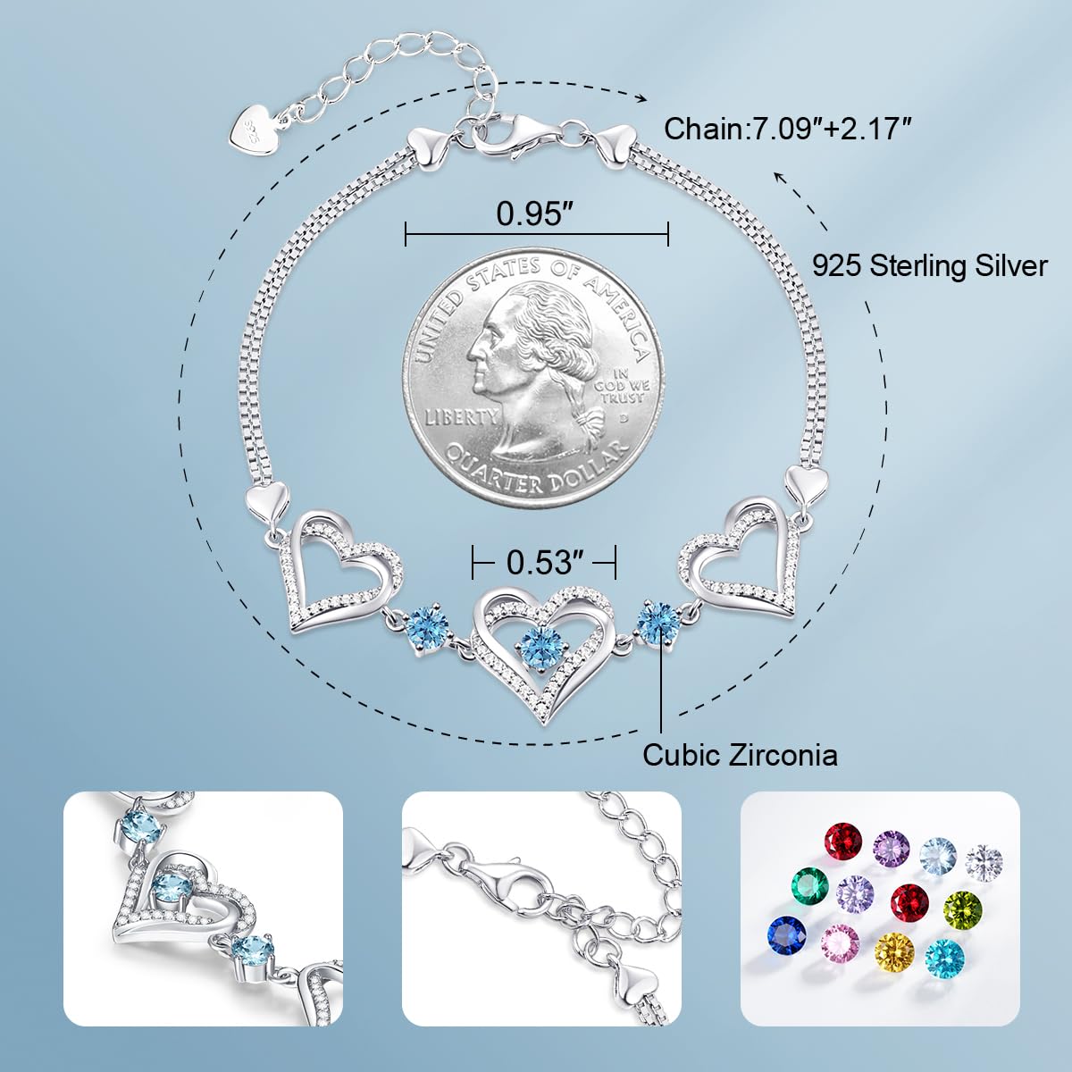 Forever Love Heart Charm Link Bracelet for Women - 925 Sterling Silver Birthstone Bracelet | Mother's Day, Anniversary, Christmas & Birthday Gift for Her | Perfect for Wife, Girlfriend & Special Occasions