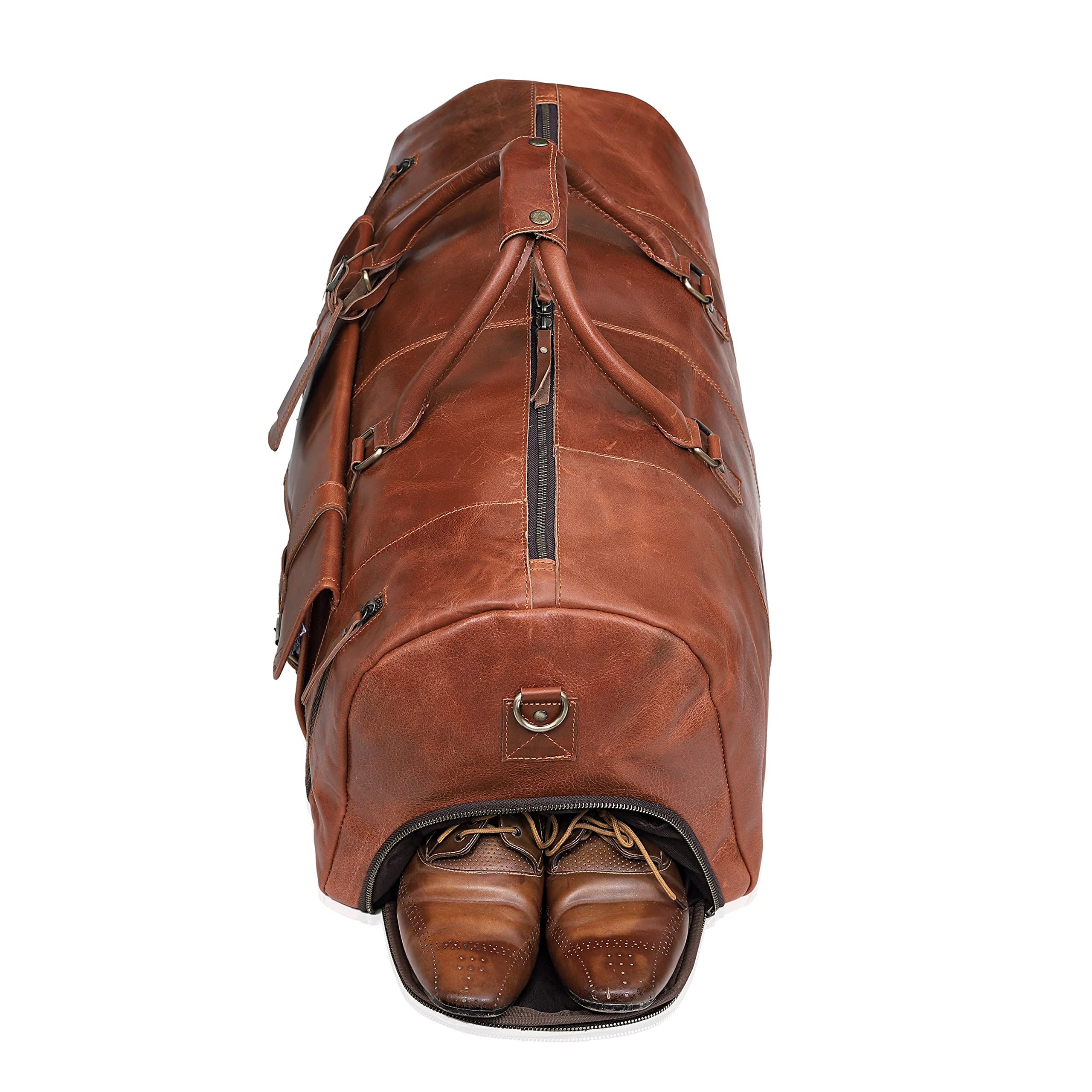 24 Inch Large Full-Grain Buffalo Leather Duffle Bag for Men & Women - Premium Overnight Gym Bag, Weekend Travel Luggage with Shoe Compartment - Perfect for Airplane Carry-On, Business Trips & Gym Workouts