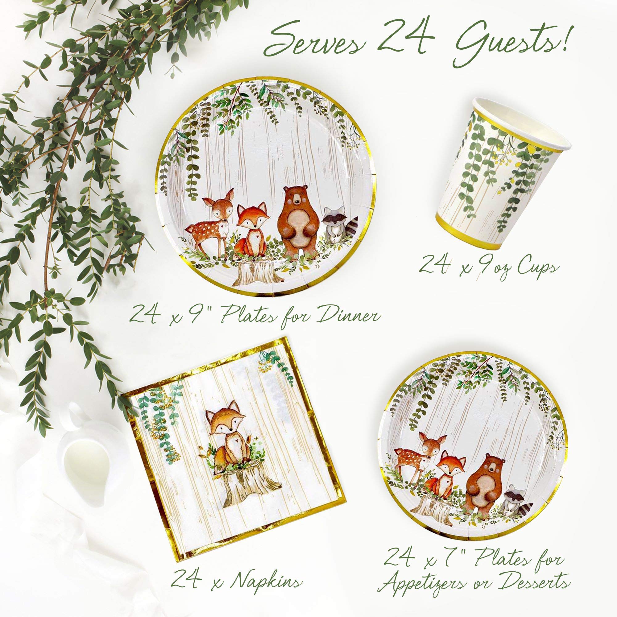 YARA Woodland Plates, Cups & Napkins Set for 24 Guests with Baby Shower Decorations - Perfect for Baby Showers, Birthday Parties & Themed Events